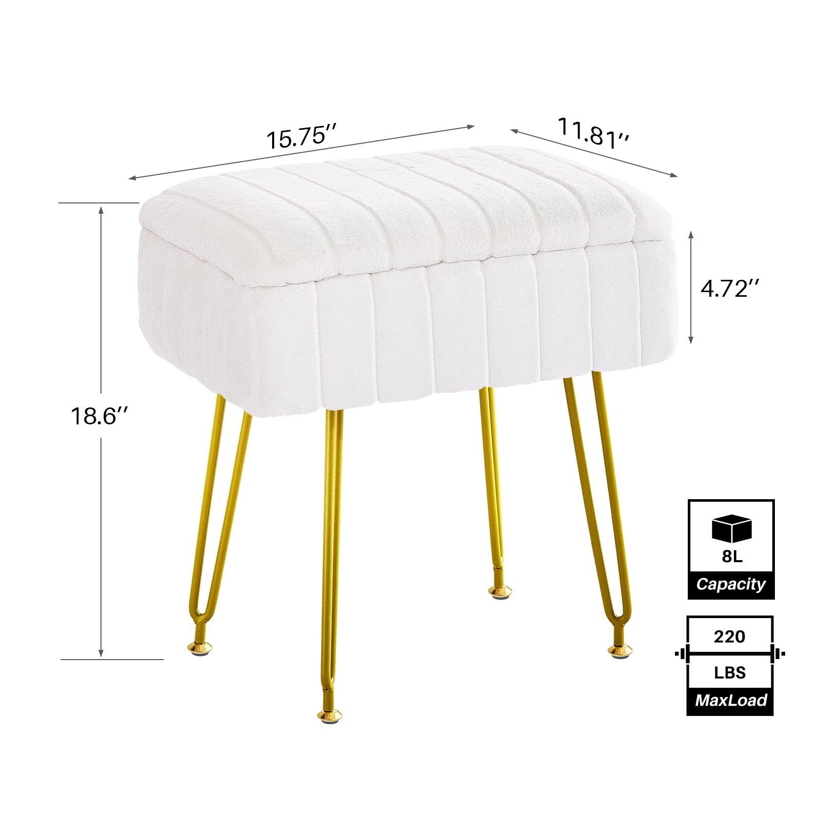 Redlife Vanity Stool with Storage - Faux Fur Makeup Chair with Gold Metal Legs, Multifunctional Footrest Ottoman for Bedroom, Dressing Room & Beauty Salon (White) - Perfect for Makeup, Reading & Relaxing