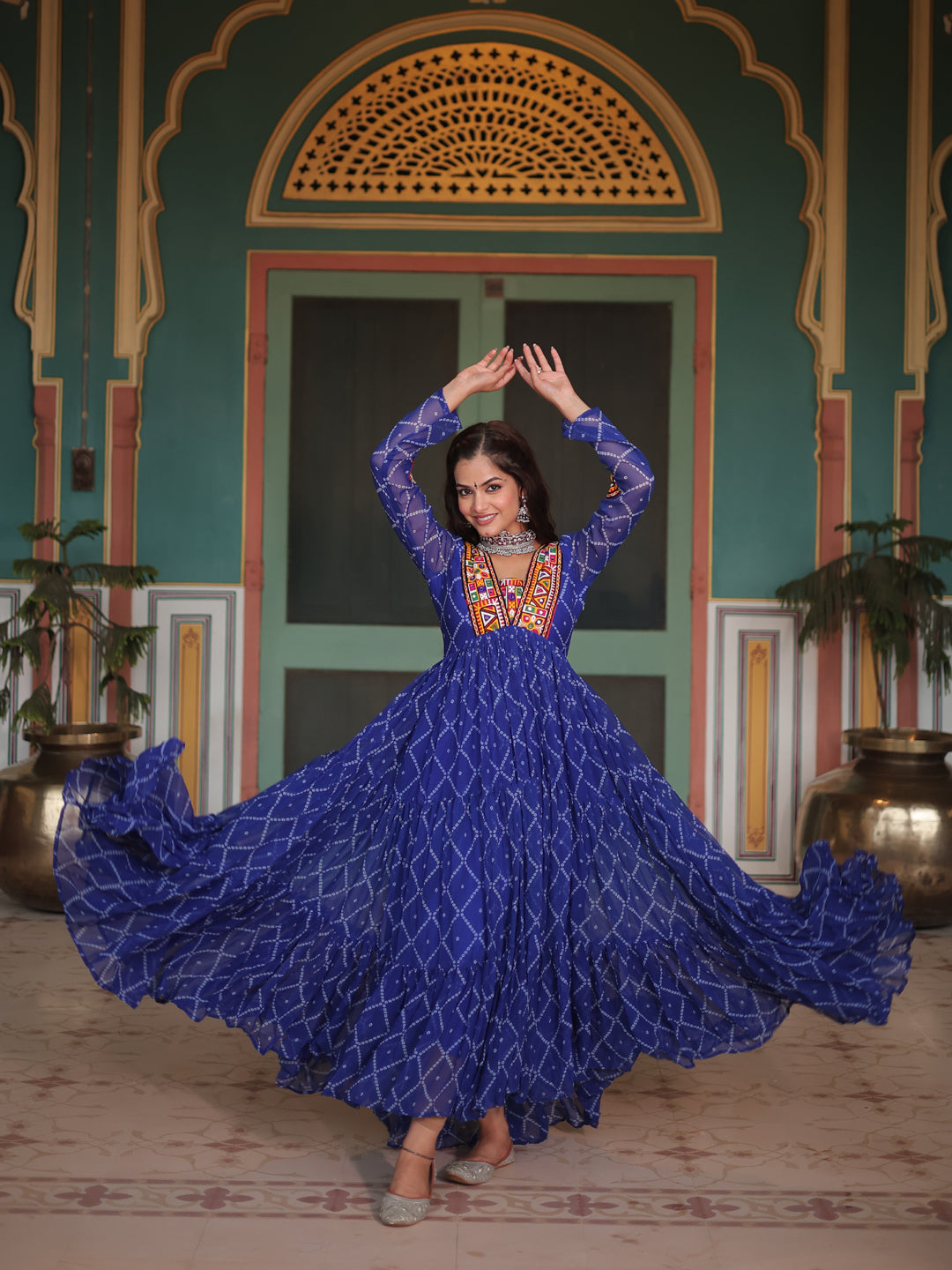 Blue Faux Georgette Elegant Long Gown with Bandhani Printed Kutchi Patch Work - Perfect for Weddings, Parties & Special Occasions