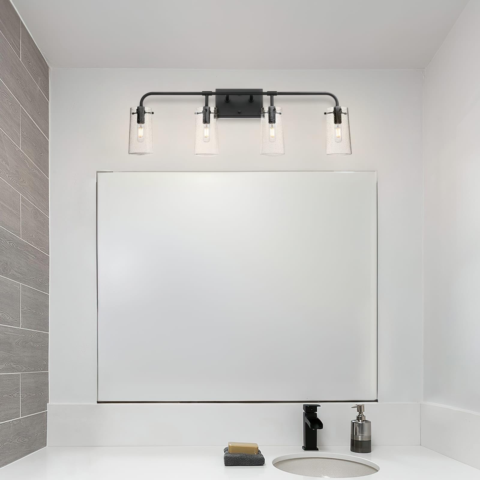 XiNBEi Industrial 4-Light Bathroom Vanity Light Fixture - Black Wall Mounted Mirror Lighting with Clear Seeded Glass Shade (Model XB-W1283-4-MB) - Perfect for Modern Farmhouse, Industrial Style Bathrooms and Powder Rooms