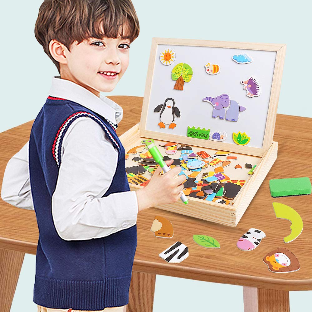 Magnetic Wooden Puzzles for Kids - STEM Learning Toys & Art Easel for Boys & Girls - Perfect for Montessori & Home Education