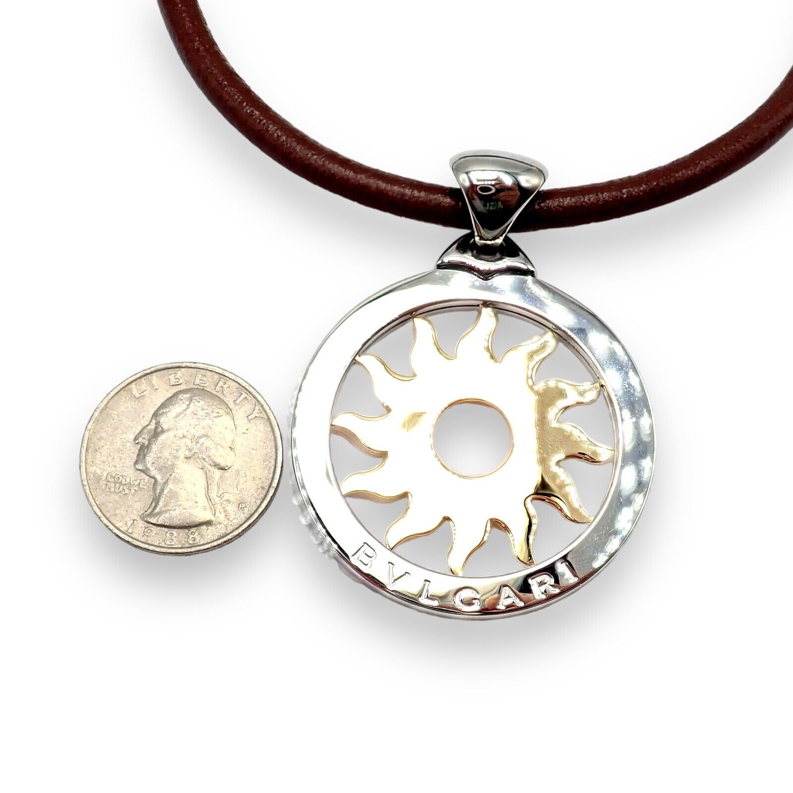 Bulgari Tondo Sun 18k Gold & Steel Extra Large Pendant Necklace with Brown Leather Strap - Luxury Jewelry for Women, Perfect for Parties & Special Occasions