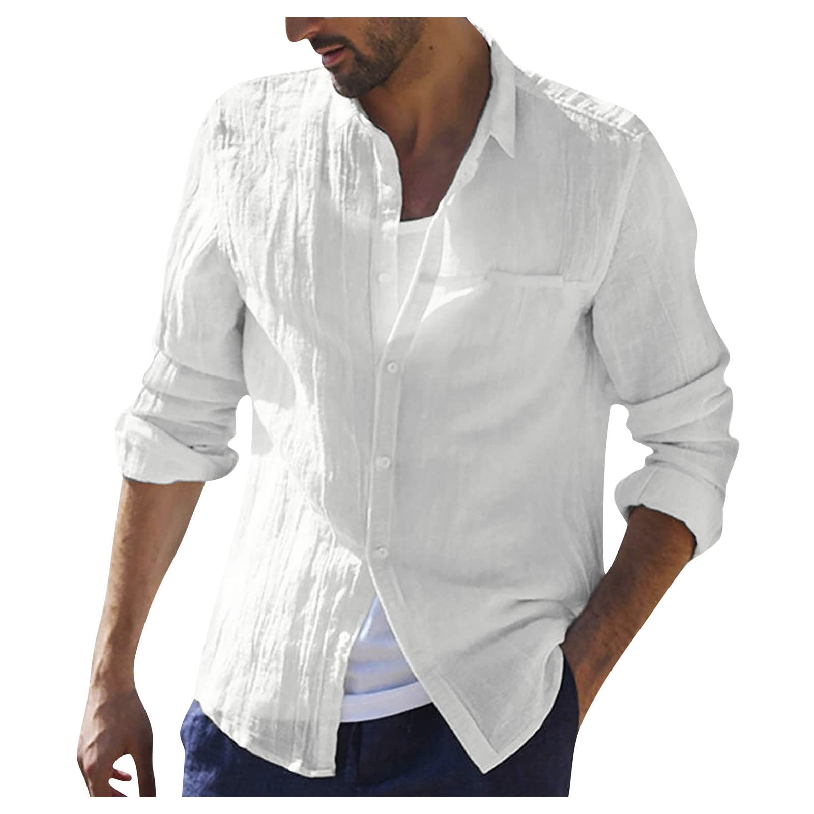 Ymosrh Men's Casual Button Down Shirt - Breathable Cotton Linen Blend, Solid Color Long Sleeve Shirt with Loose Stand Collar | Perfect for Office Wear, Business Casual & Weekend Outings