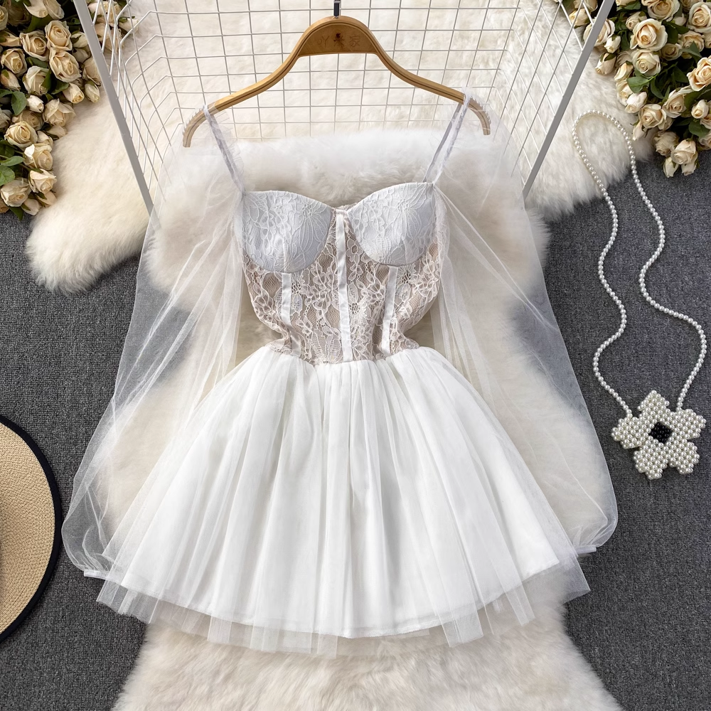 Korean Style Sexy Long Sleeve Square Neck Mesh A-Line Fluffy Princess Dress for Women - Elegant Party, Wedding Guest, Prom, Date Night Outfit - Summer Fashion 1492