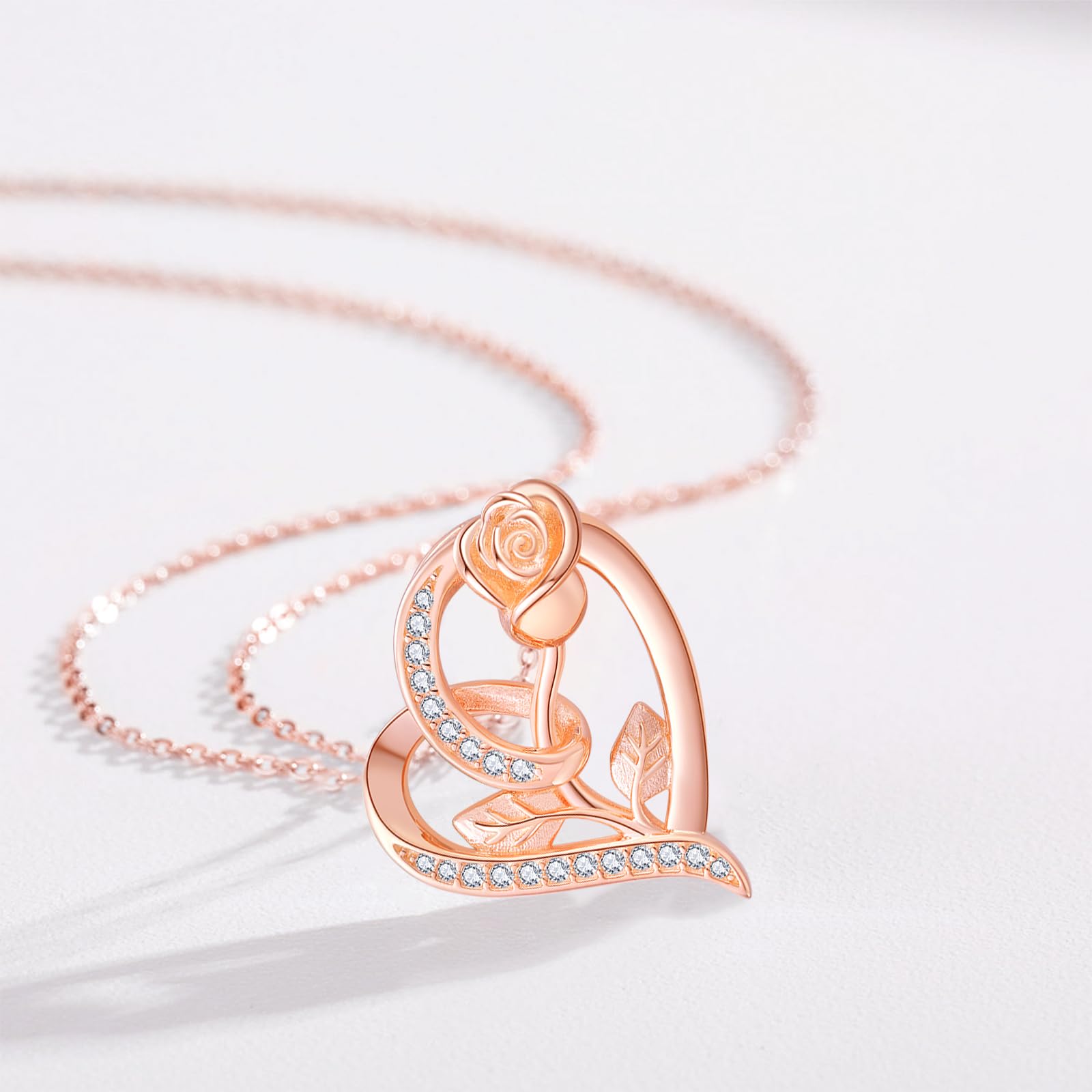 925 Sterling Silver Rose Flower Necklace with Heart Pendant - Elegant Rose Gold Jewelry Gift for Women, Girls & Mom | Perfect for Valentine's Day, Anniversary, Birthday & Special Occasions