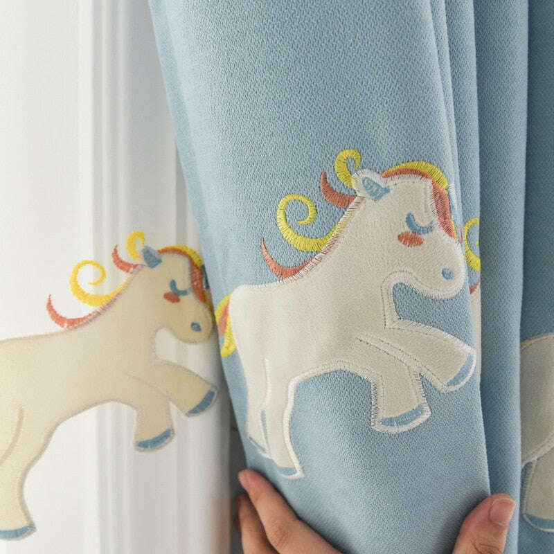 Rémy Unicorn Embroidered Kids Room Curtains - Blue | Magical Bedroom Decor for Girls | Perfect for Nursery, Playroom & Fantasy Themed Rooms