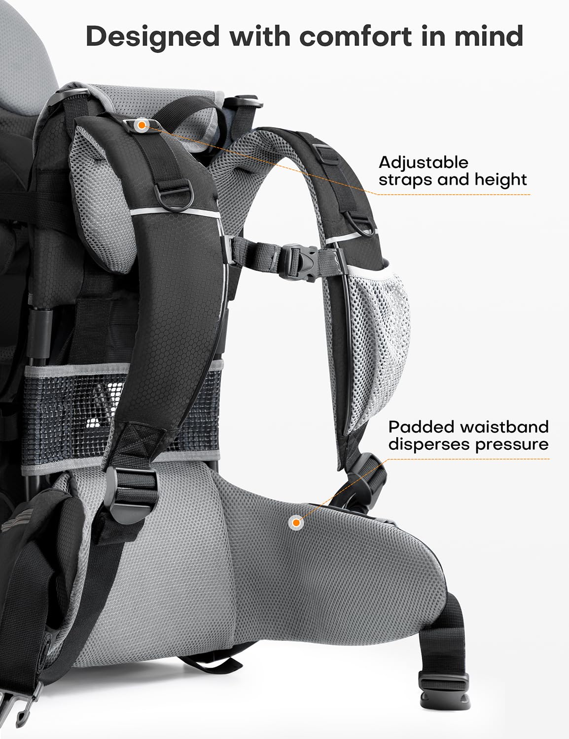 Besrey Baby Backpack Carrier for Toddlers - Adjustable 3-Height Safety Seat, Ergonomic Straps & Waist Belt, Lightweight Foldable Frame - Large Capacity Hiking Backpack for Outdoor Adventures (Black/Grey) - Perfect for Hiking, Camping and Travel with Kids