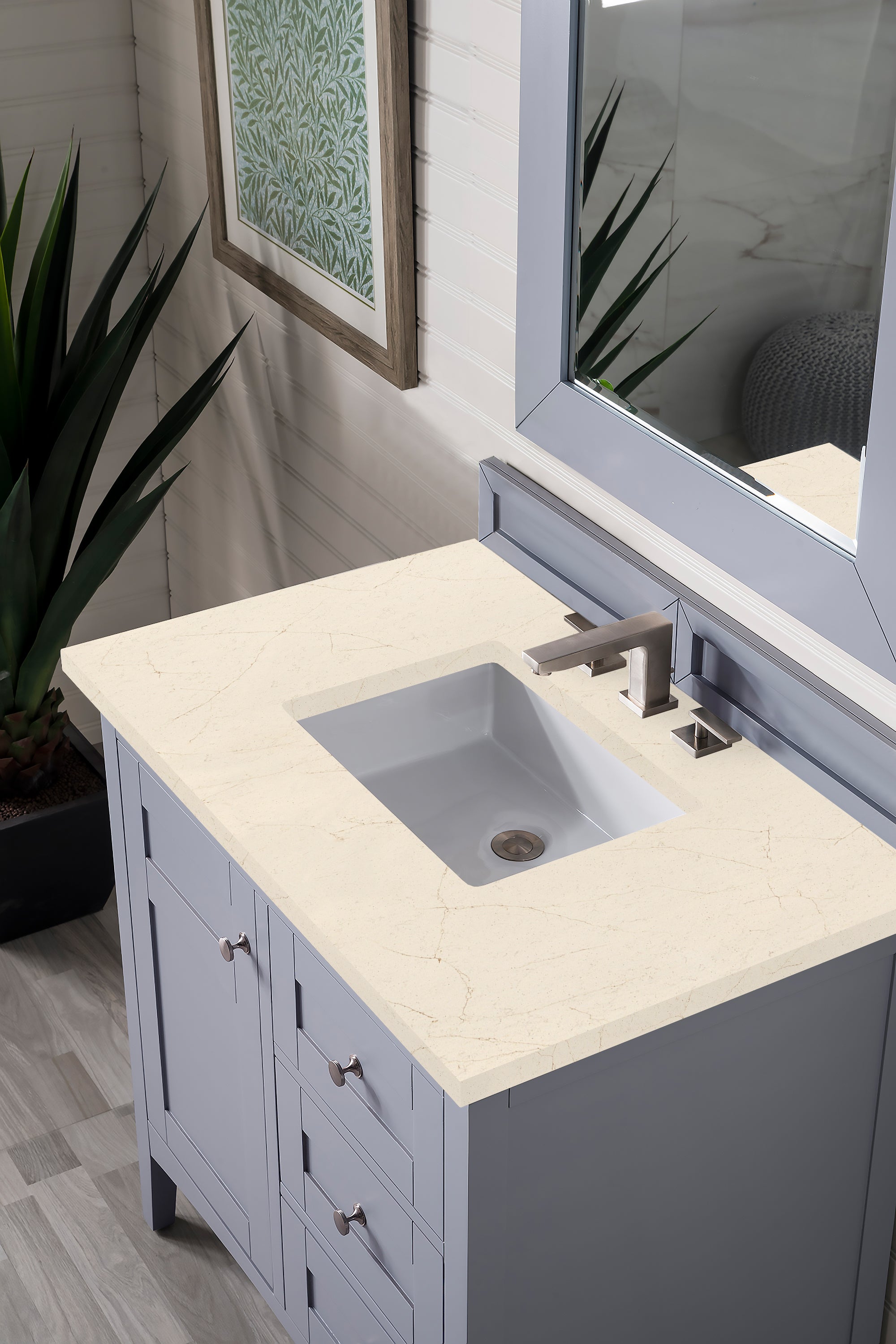 Palisades 36 Inch Single Bathroom Vanity Set with 3CM Eternal Marfil Quartz Countertop in Silver Gray - Perfect for Modern Master Bathrooms and Powder Rooms