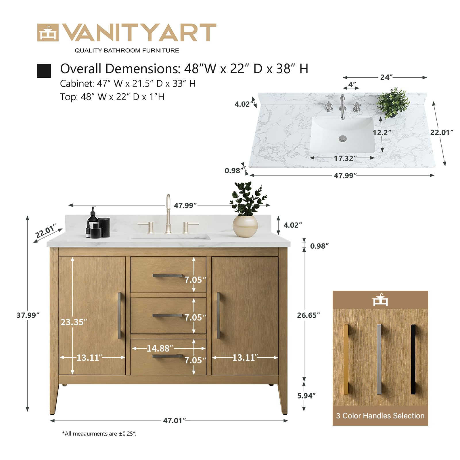 Vanity Art 48 Inch Bathroom Vanity Set with Single Sink & Ceramic Countertop - Soft-Close Cabinet Doors, Drawers, Solid Wood Frame in Natural Oak Finish (VA9048-NO-MB1) - Perfect for Modern Bathrooms, Master Suites, and Home Renovations