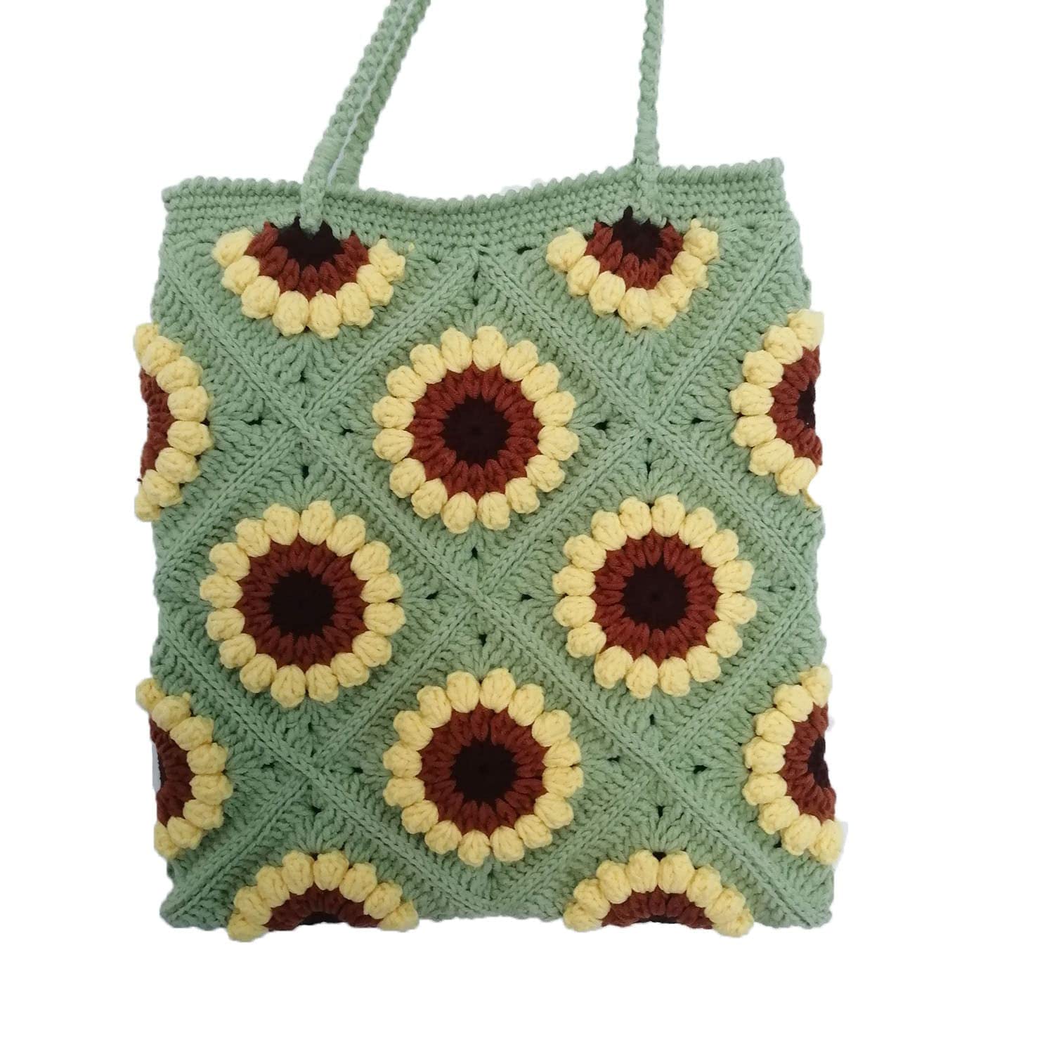 Handmade Crochet Granny Square Shoulder Bag - Sunflower Knit Purse for Women & Girls - Boho Chic Shopping Tote - Perfect for Beach, Market & Everyday Use