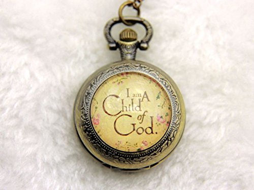 Vintage Bronze Letter Pocket Watch & Necklace Set - 'I Am A Child of God' Religious Jewelry, Art Picture Pendant - Perfect for Baptism, Confirmation & Spiritual Gifts
