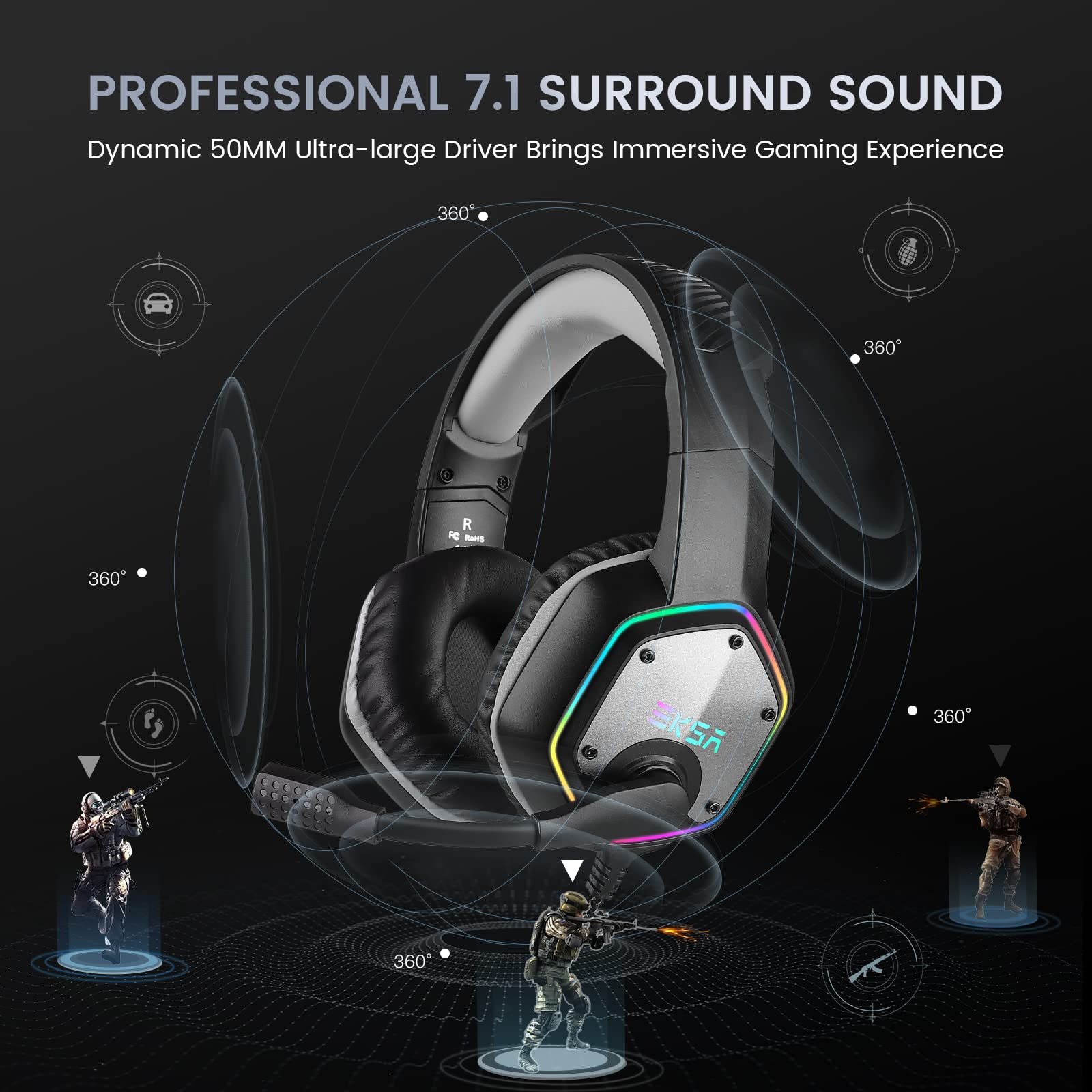 EKSA E1000 USB Gaming Headset with Noise-Canceling Mic - 7.1 Surround Sound RGB Wired Headphones for PC, PS4, PS5, Laptop & Call Center | Perfect for Competitive Gaming, Streaming & Online Meetings