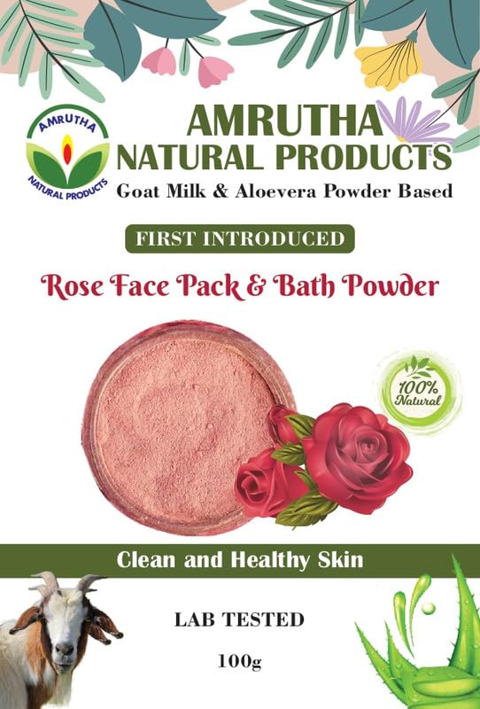 **Amrutha Natural Goat Milk & Aloe Vera Powder with Rose Extract Face Pack & Bath Powder – Cleanses Skin, Reduces Pimples, Acne, Marks & Scars – Suitable for All Skin Types – 100g (Pack of 2) | Perfect for Daily Skincare & Relaxing Baths**