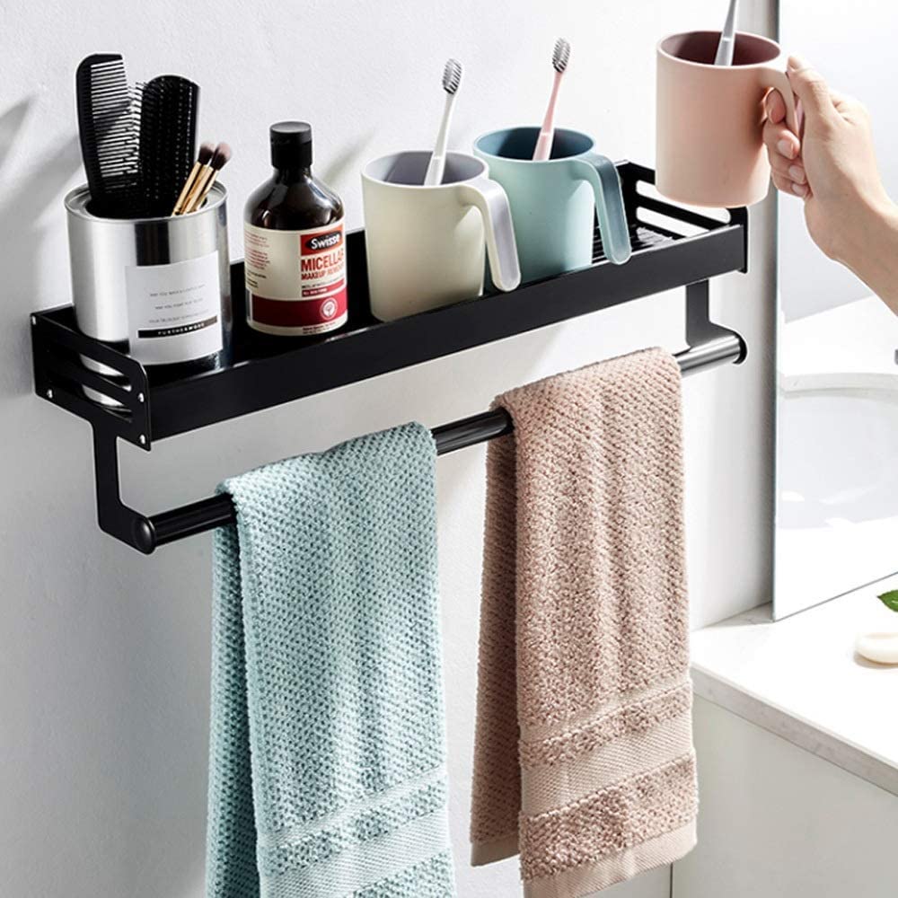 Wall Mounted Towel Rack & Shower Shelf - Multifunctional Bathroom & Kitchen Storage Organizer with Hooks for Towels, Toiletries & Utensils | Perfect for Small Spaces, Apartments & Dorm Rooms