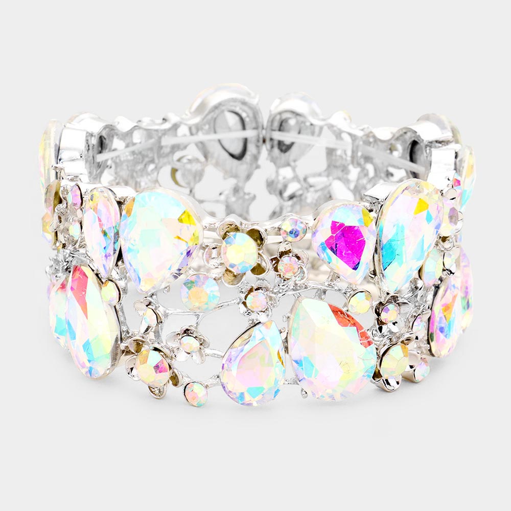 AB Crystal Teardrop Floral Stretch Bracelet for Women - Elegant Beaded Elastic Wristband Jewelry | Perfect for Parties, Weddings & Everyday Wear | 426867