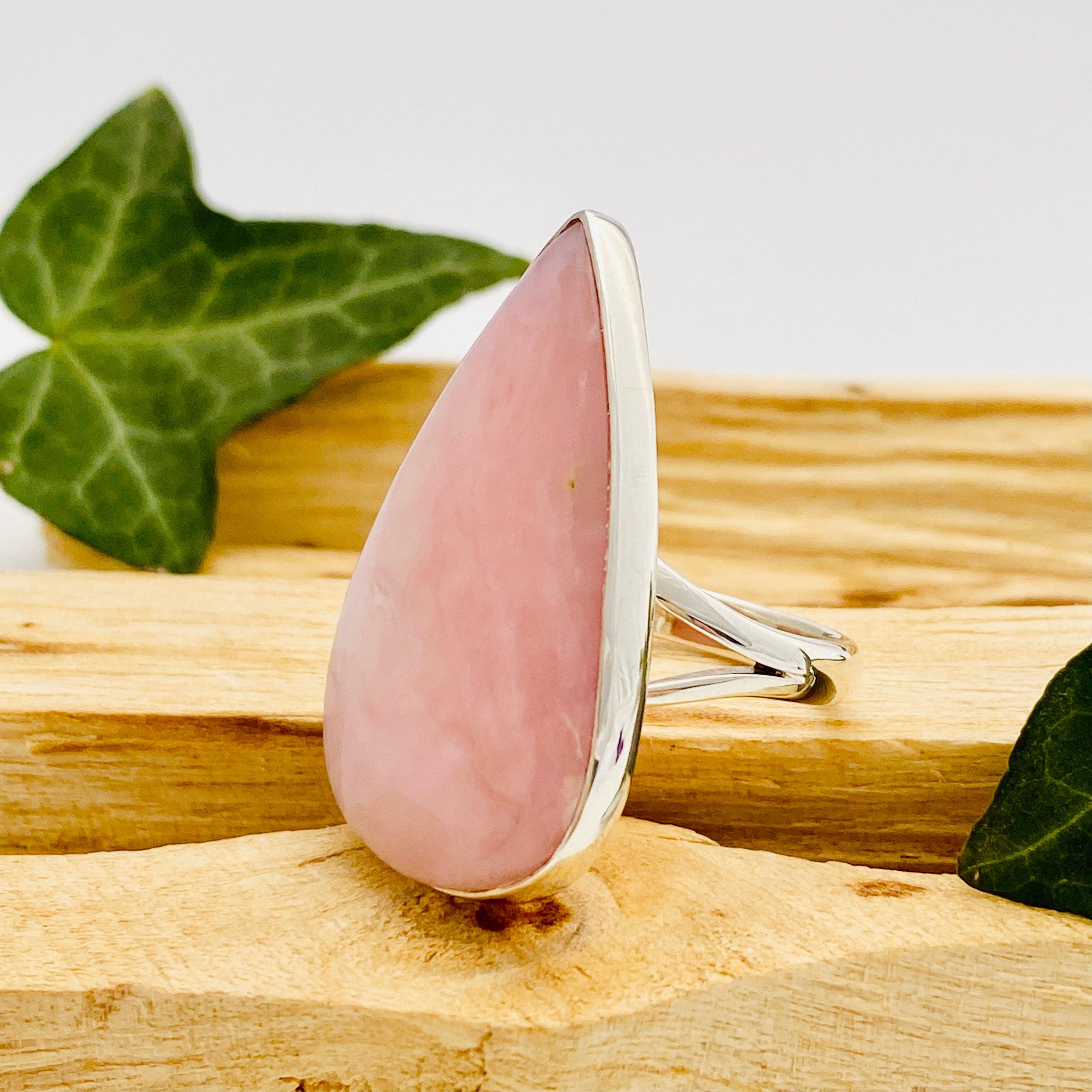 Natural Pink Opal Teardrop Cabochon Ring with Split Band - Size 9 - KRGJ1589 - Perfect for Boho Jewelry, Wedding Accessories & Everyday Elegance