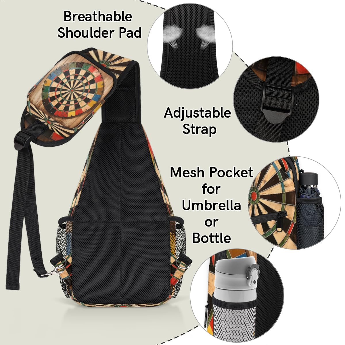 TropicalLife Printed Dart Board Sling Backpack - Unisex Crossbody Shoulder Bag for Men & Women - Lightweight Chest Daypack for Travel, Hiking, Sports & Outdoor Adventures