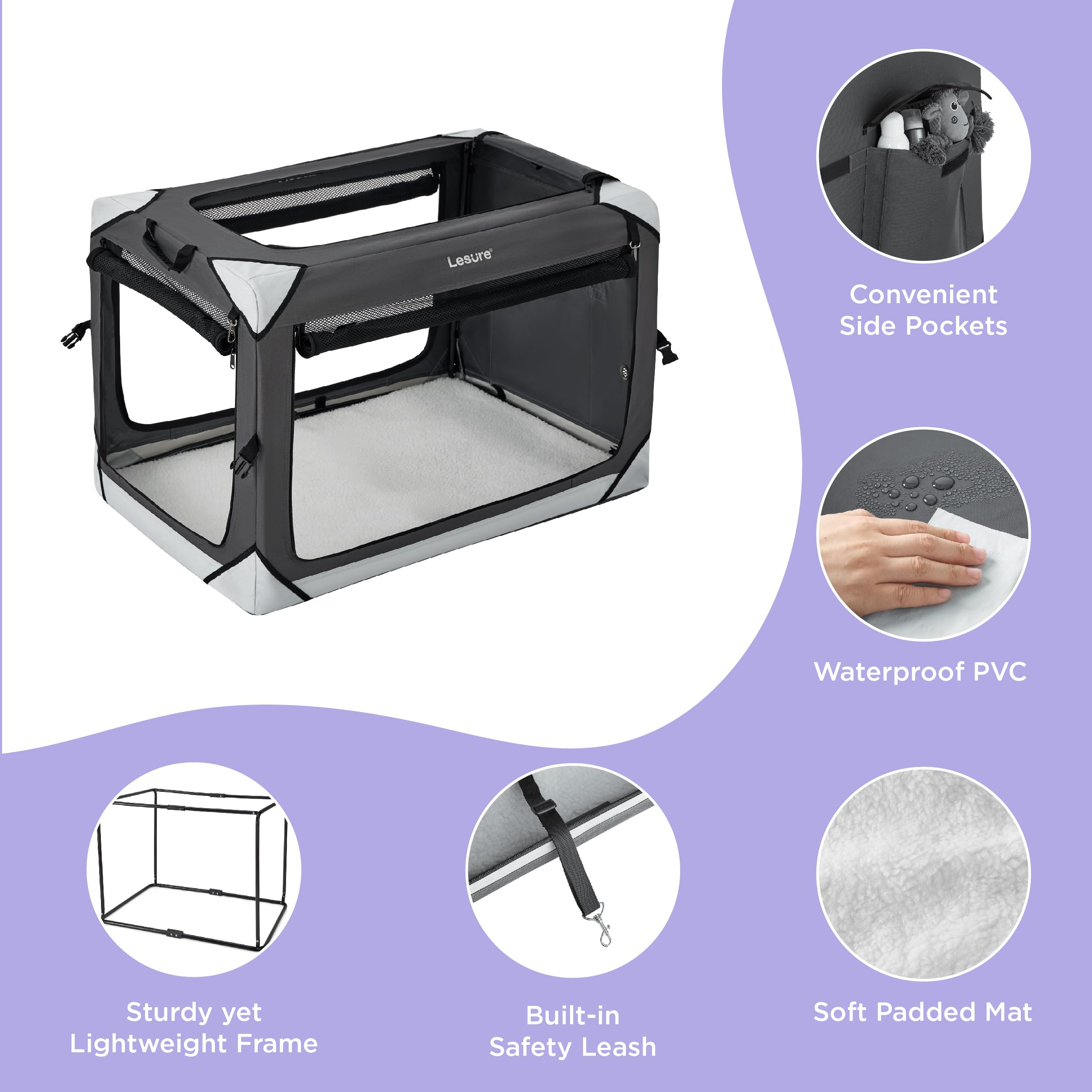 Lesure Collapsible Dog Crate - Extra Large Portable Travel Kennel for Dogs, 4-Door Foldable Pet Crate with Durable Mesh Windows, Indoor & Outdoor Use, Charcoal Gray - Perfect for Camping, Road Trips & Home Training