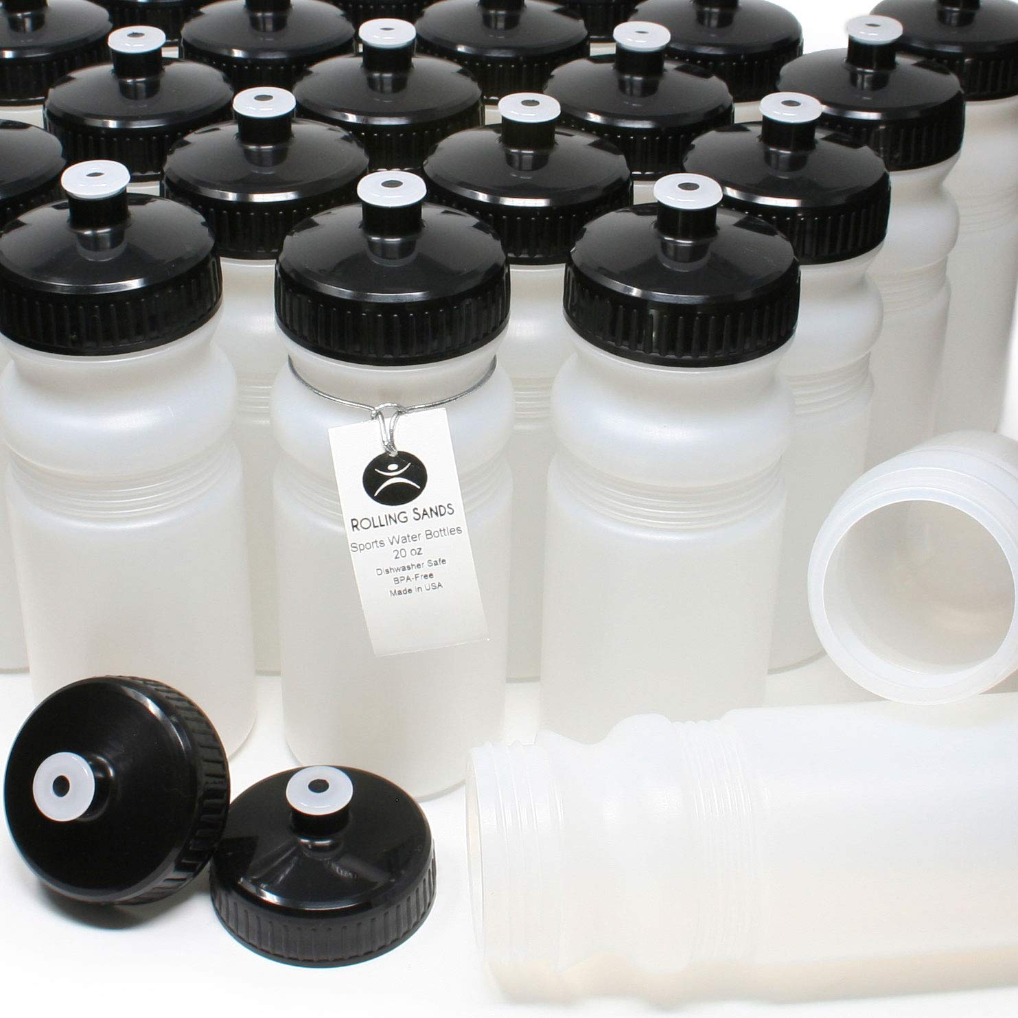Rolling Sands 20oz BPA-Free Sports Water Bottles 100 Pack - Dishwasher Safe, Made in USA - Perfect for Gyms, Schools, Offices & Outdoor Activities