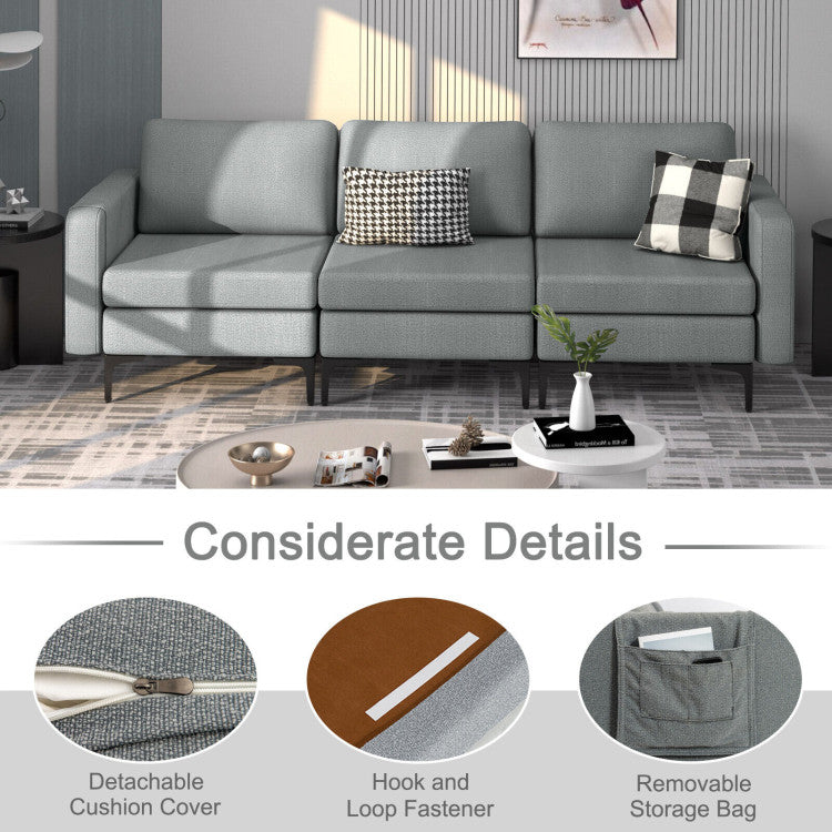 Costway 3-Seater Sofa with USB Ports & Armrest Organizer - Sturdy Steel Frame Couch for Living Room, Lounge & Home Theater Comfort