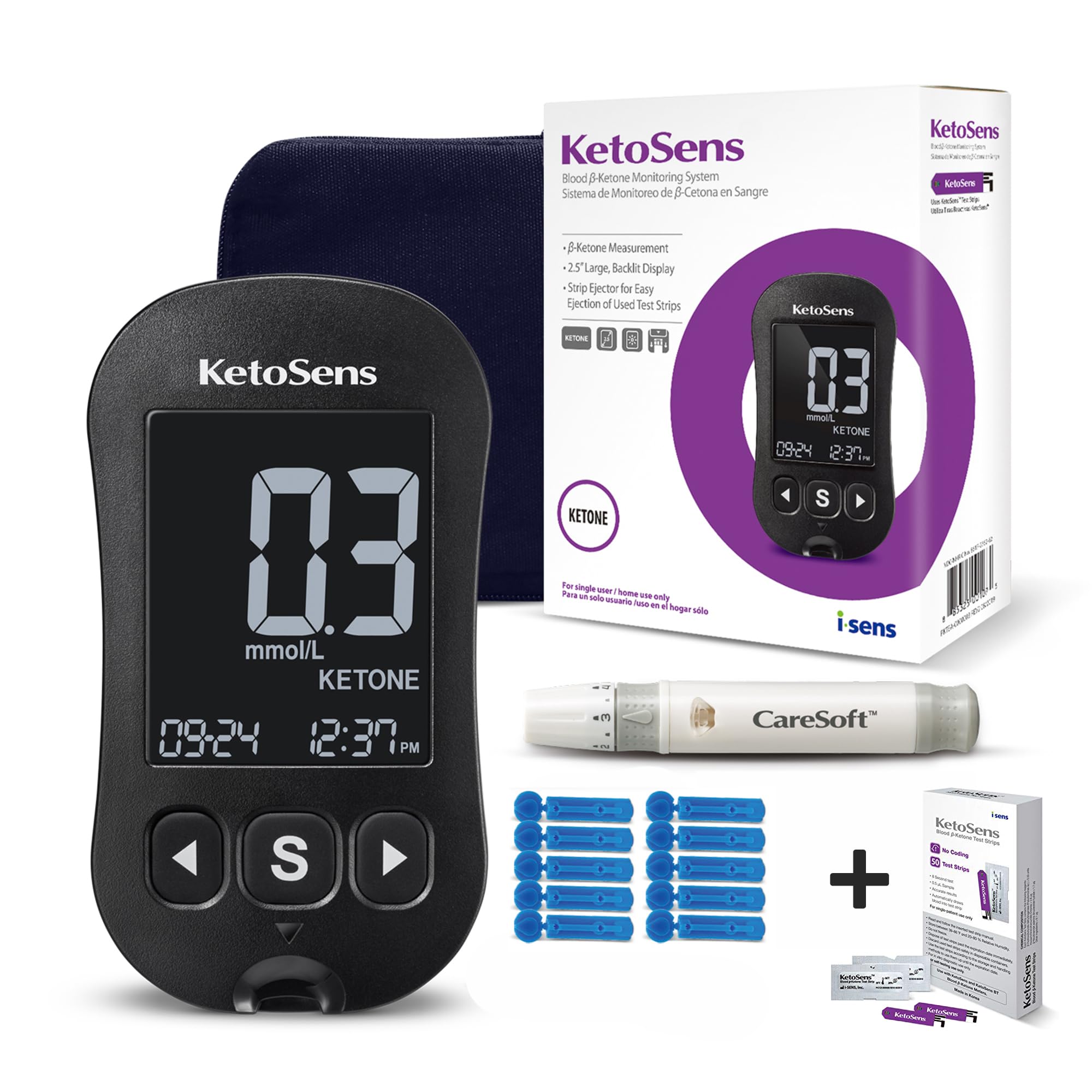 KetoSens Blood Ketone Monitoring System Kit - Single Meter, 50 Ketone Test Strips, 10 Lancets (30G), Lancing Device, 2 Batteries & Accessories | Accurate Ketosis Testing for Keto Diet, Weight Loss & Diabetes Management | Home Use & Travel-Friendly Health Monitoring