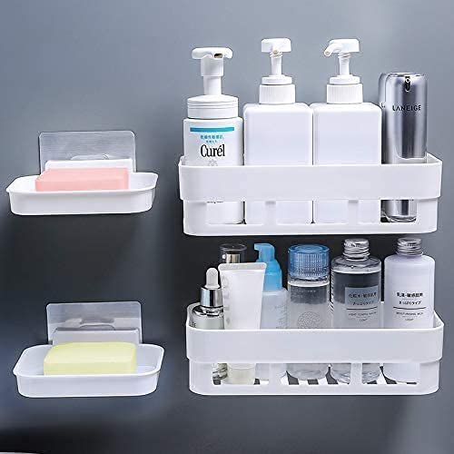 Multipurpose ABS Plastic Shelf - Kitchen & Bathroom Storage Rack with Strong Adhesive - Perfect for Showers & Small Spaces (2 Shelves + 2 Soap Boxes)