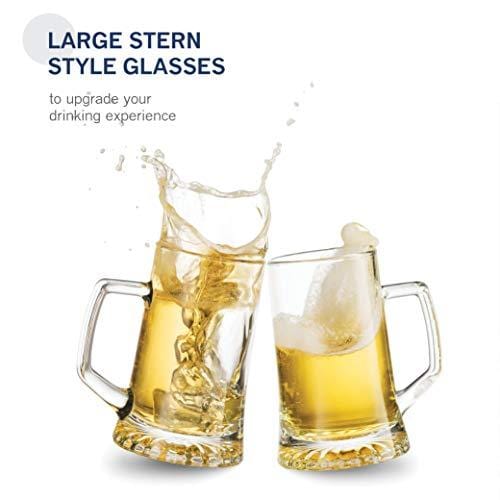 Bormioli Rocco 4-Pack Heavy Beer Mugs with Handle - 17.1 oz Glass Steins Set for Beer, Coffee, Tea & Cocktails - Durable Drinking Glasses for Home, Bar & Parties
