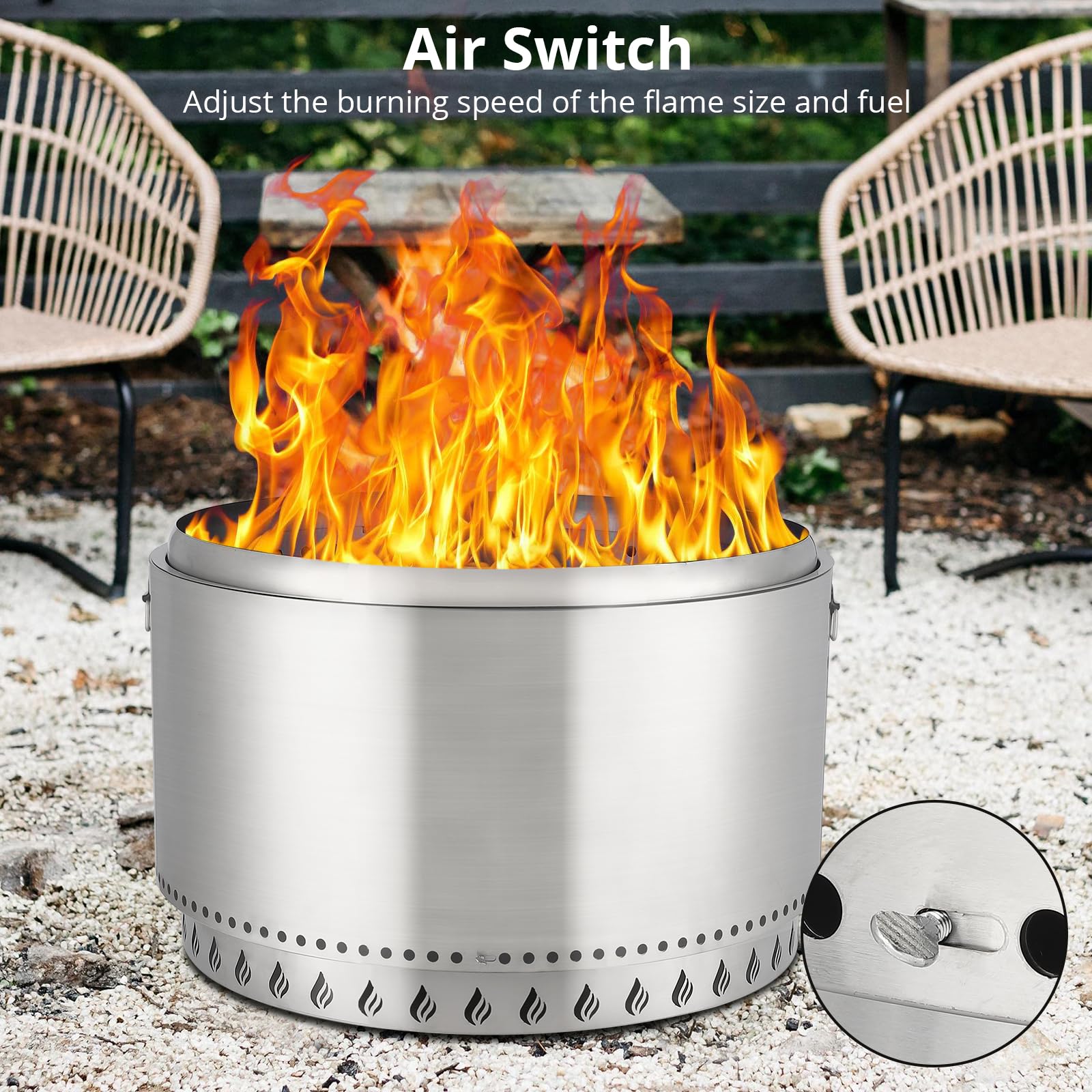 GARVEE 32 Inch Smokeless Fire Pit - 304 Stainless Steel Wood Burning Fire Pit with Removable Ash Pan, Round Bottom Design & Flame Cutout (Includes Handles) - Portable Outdoor Fire Pit for Camping, Backyard, Patio, Garden - Perfect for S'mores, Bonfires & Outdoor Gatherings
