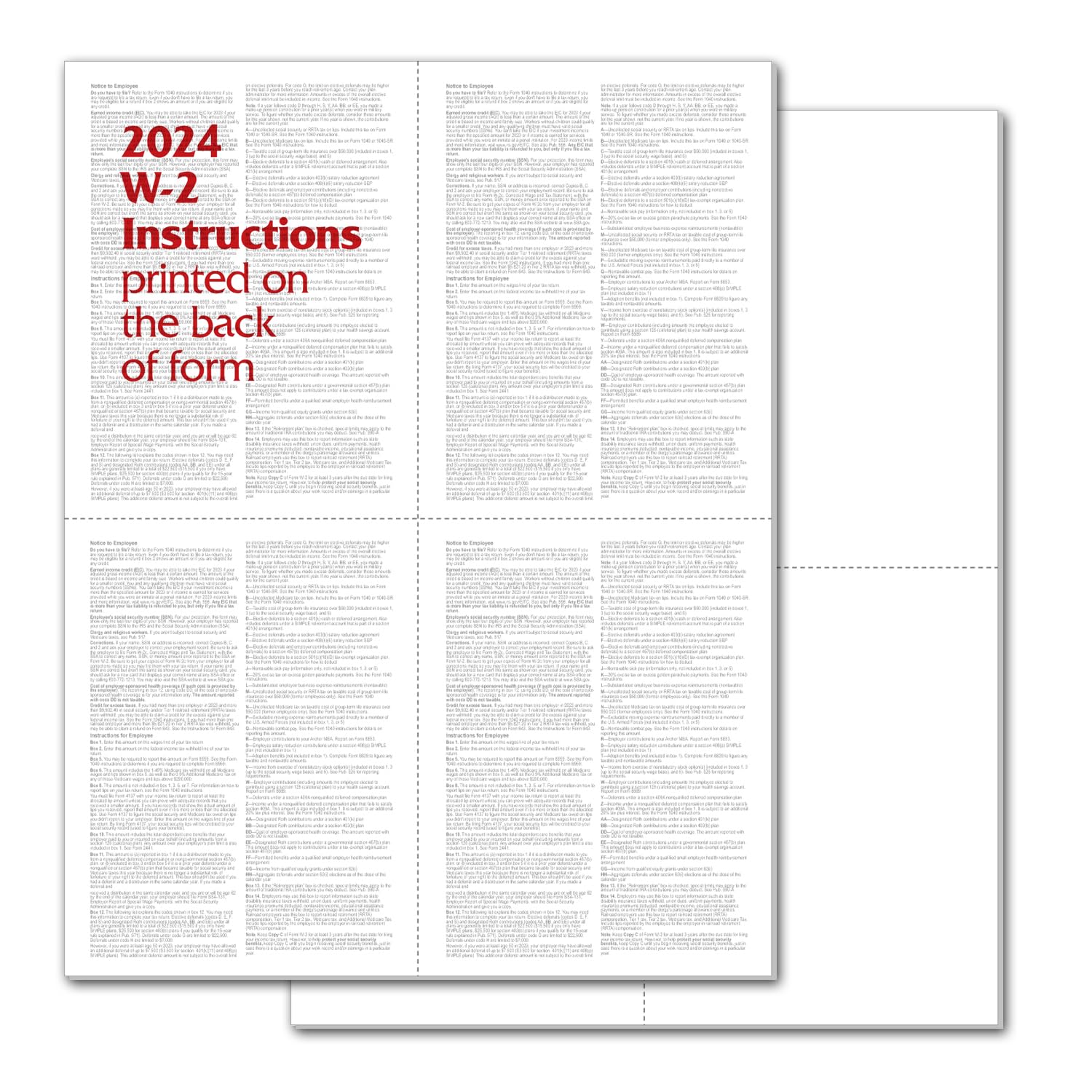 NextDayLabels - 100 Sheets W-2 4-Up Employee Tax Forms for 2024 (1 Pack) | Laser/Inkjet Printer Compatible | QuickBooks & Accounting Software Ready | Includes Back Instructions | Perfect for Small Business Payroll & Tax Filing