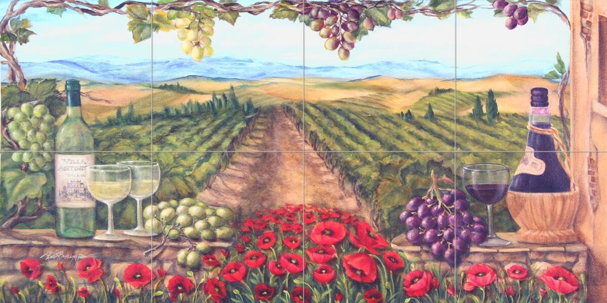 Wine Themed Ceramic Backsplash Tile Mural - Tuscan Vista Kitchen Decor by Rita Broughton | Perfect for Kitchen Renovation, Wine Cellar Accent & Tuscan Style Home Decor