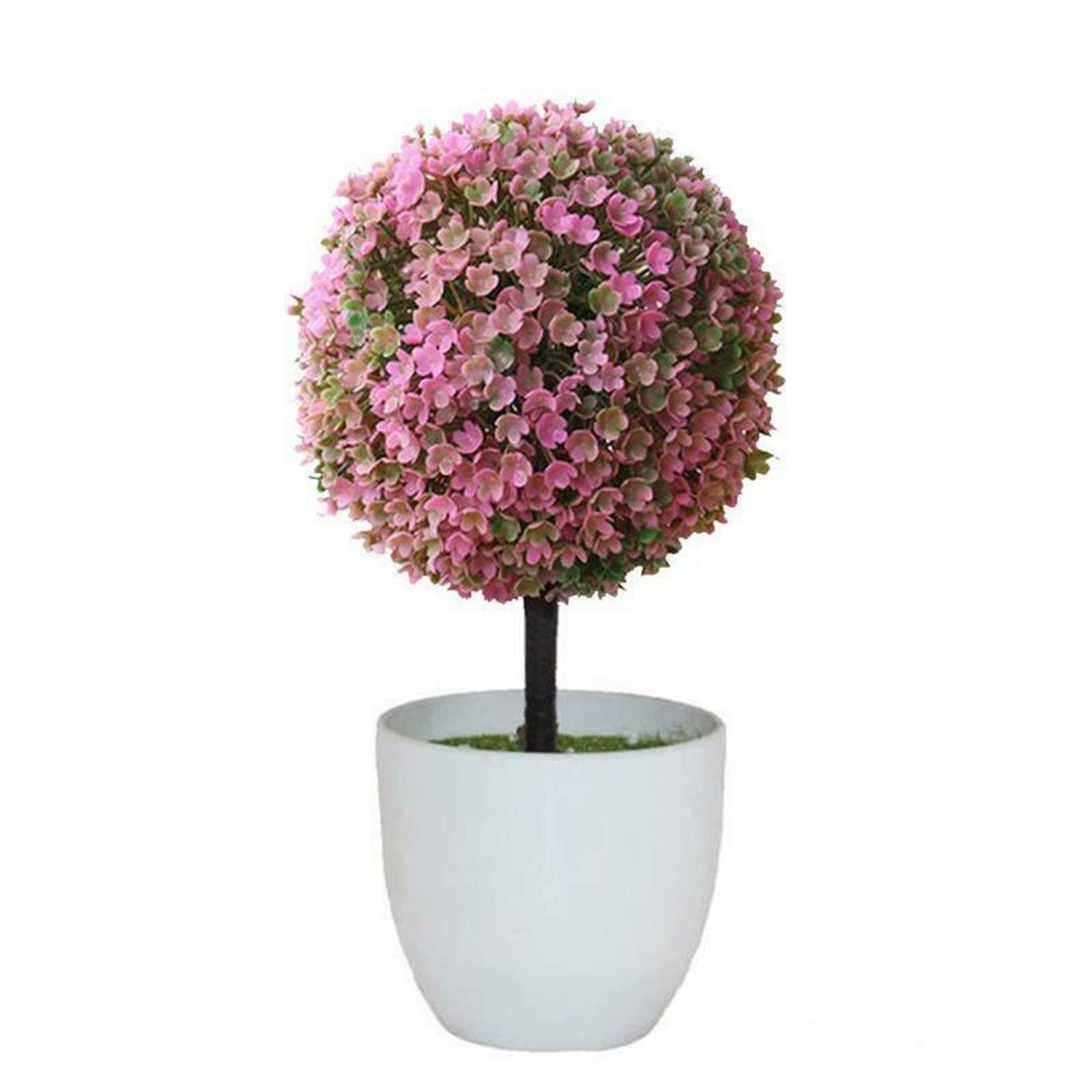 Artificial Ball Shaped Tree with Fake Green Grass & Flowers in White Plastic Pot - Modern Home & Office Tabletop Decor for Living Room, Bedroom, Desk Centerpiece - Perfect Housewarming Gift & Interior Design Accessory (One Size)