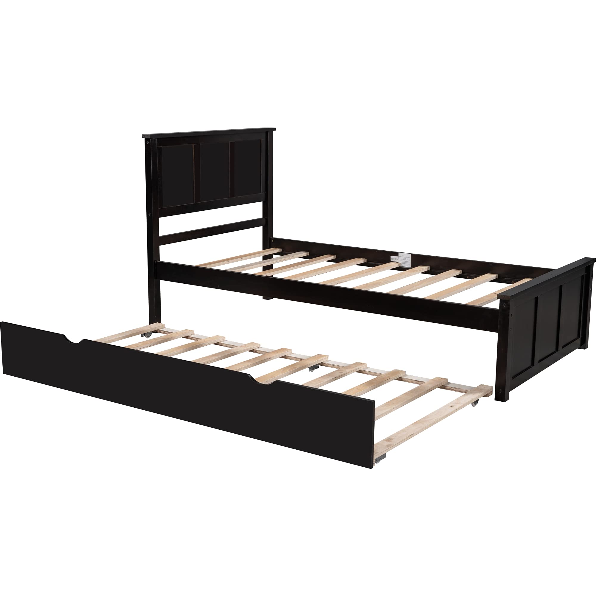 Modern Wooden Twin Size Platform Bed Frame with Trundle & Slats Support - Sturdy Headboard & Footboard - No Box Spring Required (Espresso Finish) - Perfect for Kids Rooms, Guest Beds & Small Space Bedrooms