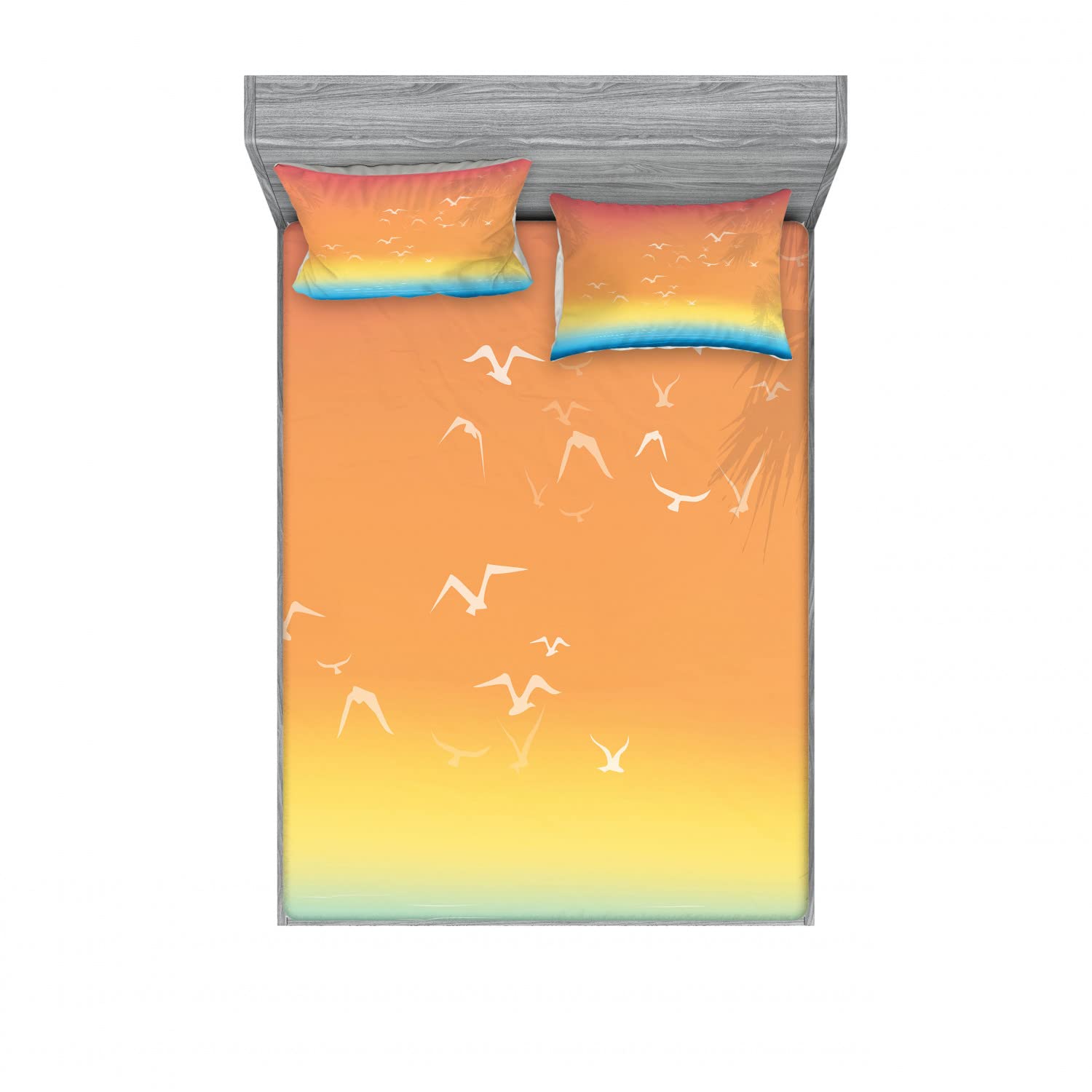 Ambesonne Tropical 2-Piece Fitted Sheet & 4-Piece Pillow Sham Set - Seagull Palm Trees Sun Design, Full Size Bedding Decor for Beach House, Guest Room & Vacation Home - Multicolor Coastal Theme Bed Sheets & Pillow Covers