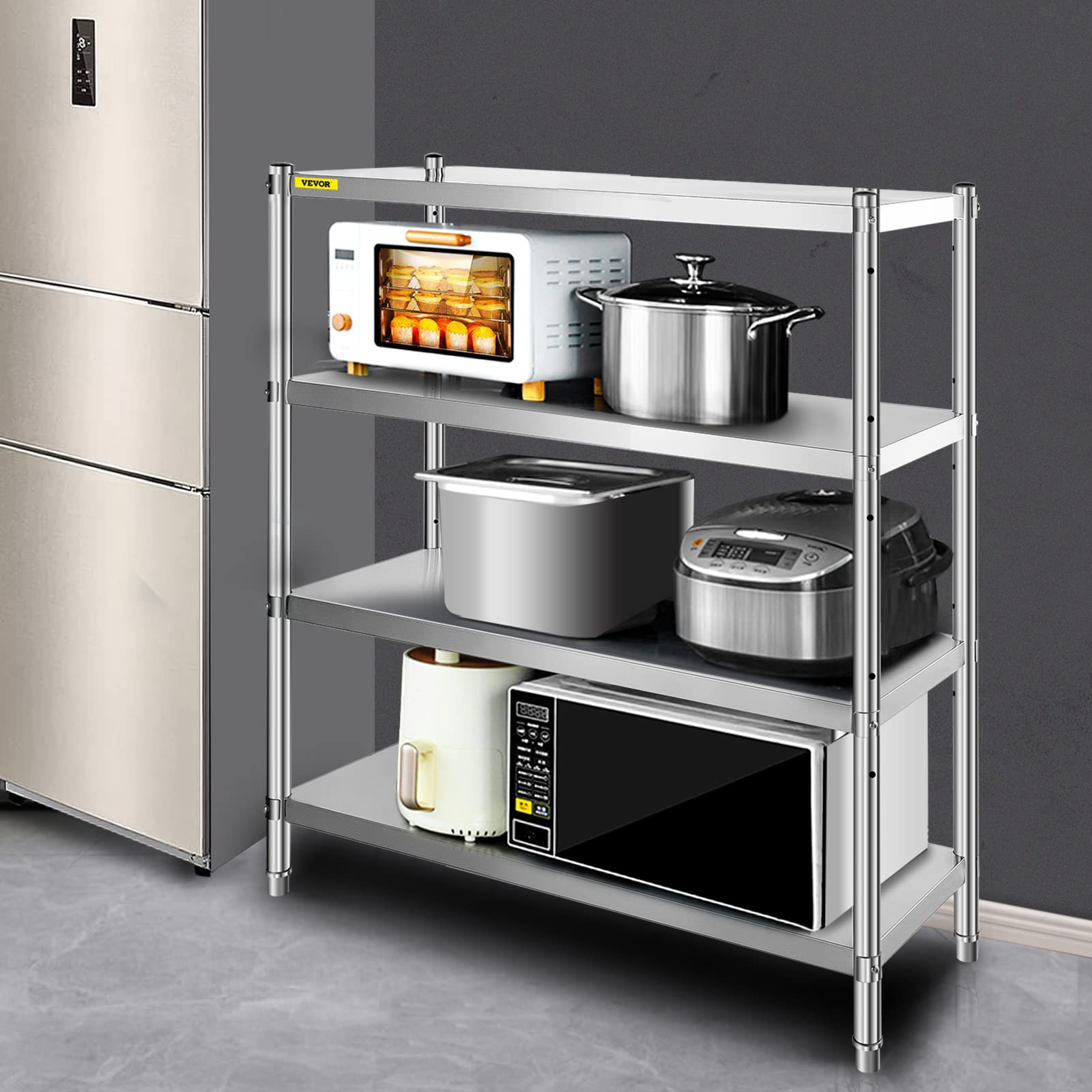 VBENLEM 46.8x18.5 Inch 4-Tier Adjustable Stainless Steel Shelving Unit - Heavy Duty 330lb Capacity Per Shelf for Kitchen, Commercial, Office & Garage Storage | Perfect for Organizing Pantry Supplies, Restaurant Equipment, Workshop Tools & Home Storage Solutions