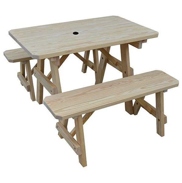 Unfinished Yellow Pine Traditional Dining Table with 2 Benches - Rustic Farmhouse Kitchen & Dining Room Furniture Set for Country Style Homes