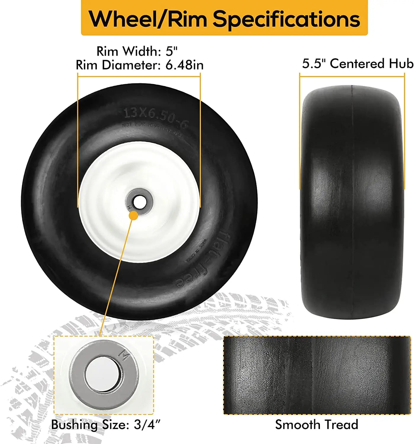 13x6.50-6 Flat Free Lawn Mower Tires with Rim - 5.5