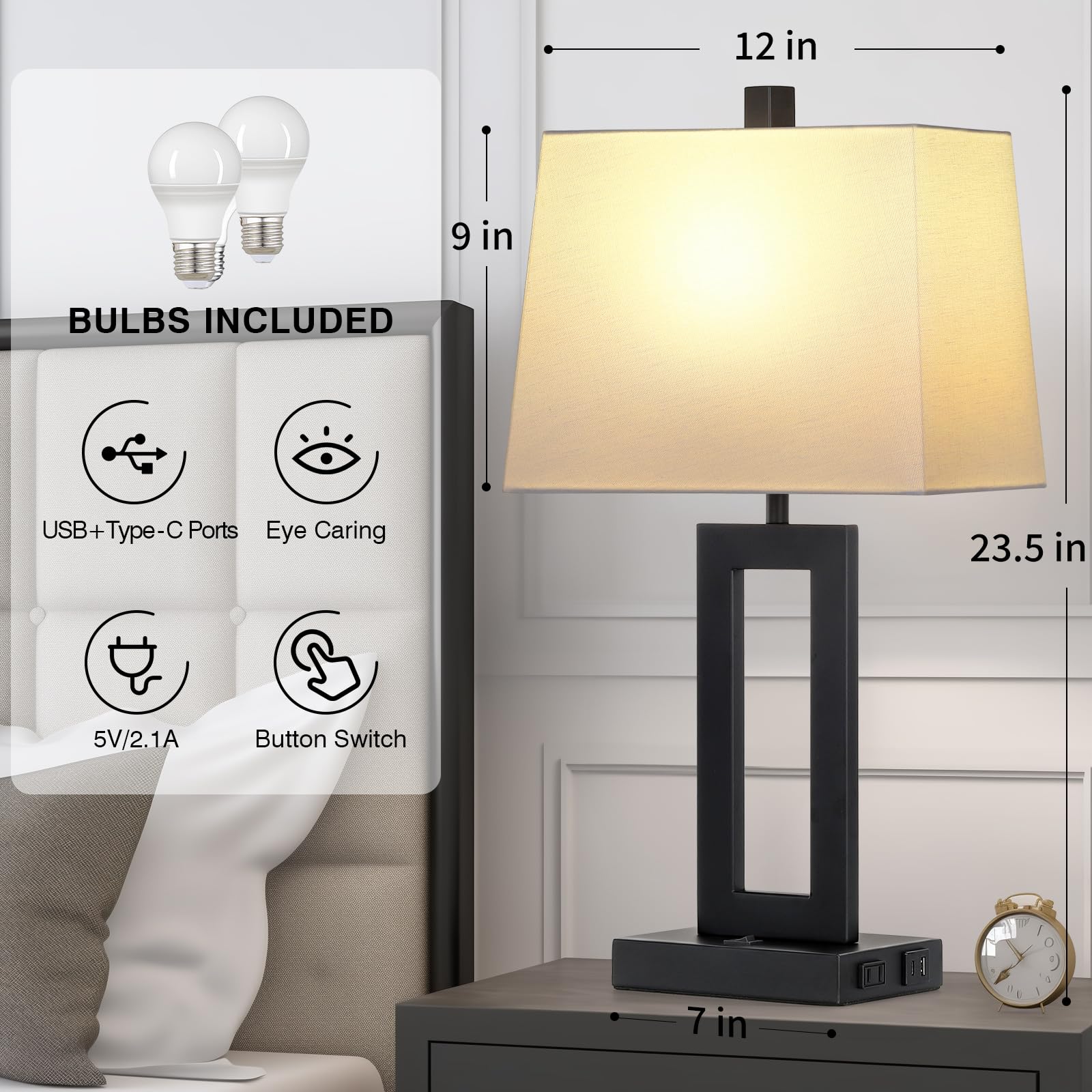 Cinkeda Modern Table Lamp Set of 2 - USB C & A Ports with AC Outlet, Black Nightstand Lamps for Bedroom, Living Room, Office - Perfect for Reading, Working & Ambient Lighting