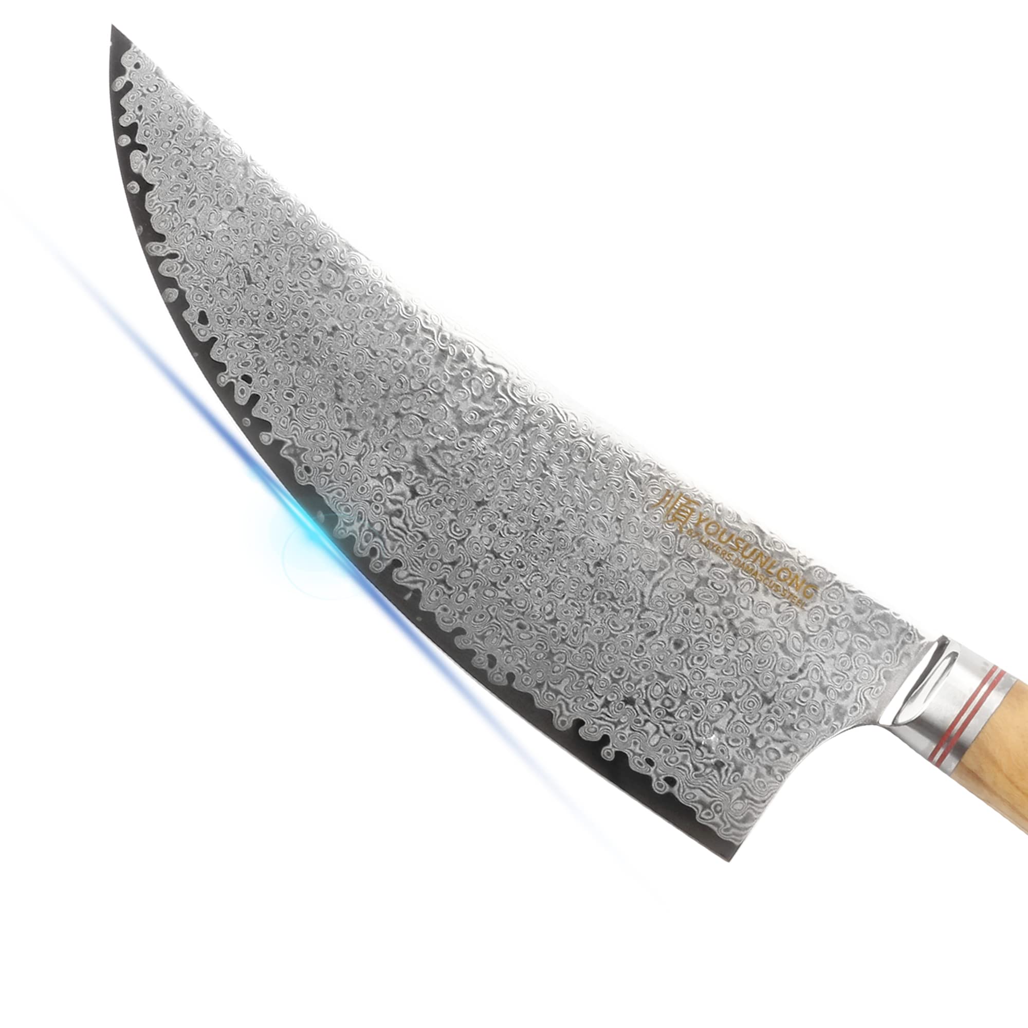 YOUSUNLONG 8'' Damascus High Carbon Steel Butcher Cleaver Knife with Italian Olive Wood Handle & Leather Sheath - Professional Meat Cleaver for Cutting Beef, Pork, BBQ - Perfect for Home Kitchens, Butcher Shops, and Outdoor Grilling