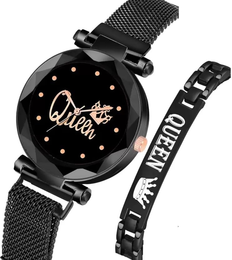 Queen Magnetic Strap Watch for Women & Girls - Elegant Black Magnetic Chain Bracelet Analog Watch with Adjustable Magnet Strap - Perfect Gift for Birthday, Anniversary & Special Occasions (SR-708, Pack of 2) - Ideal for Everyday Wear, Office & Formal Events