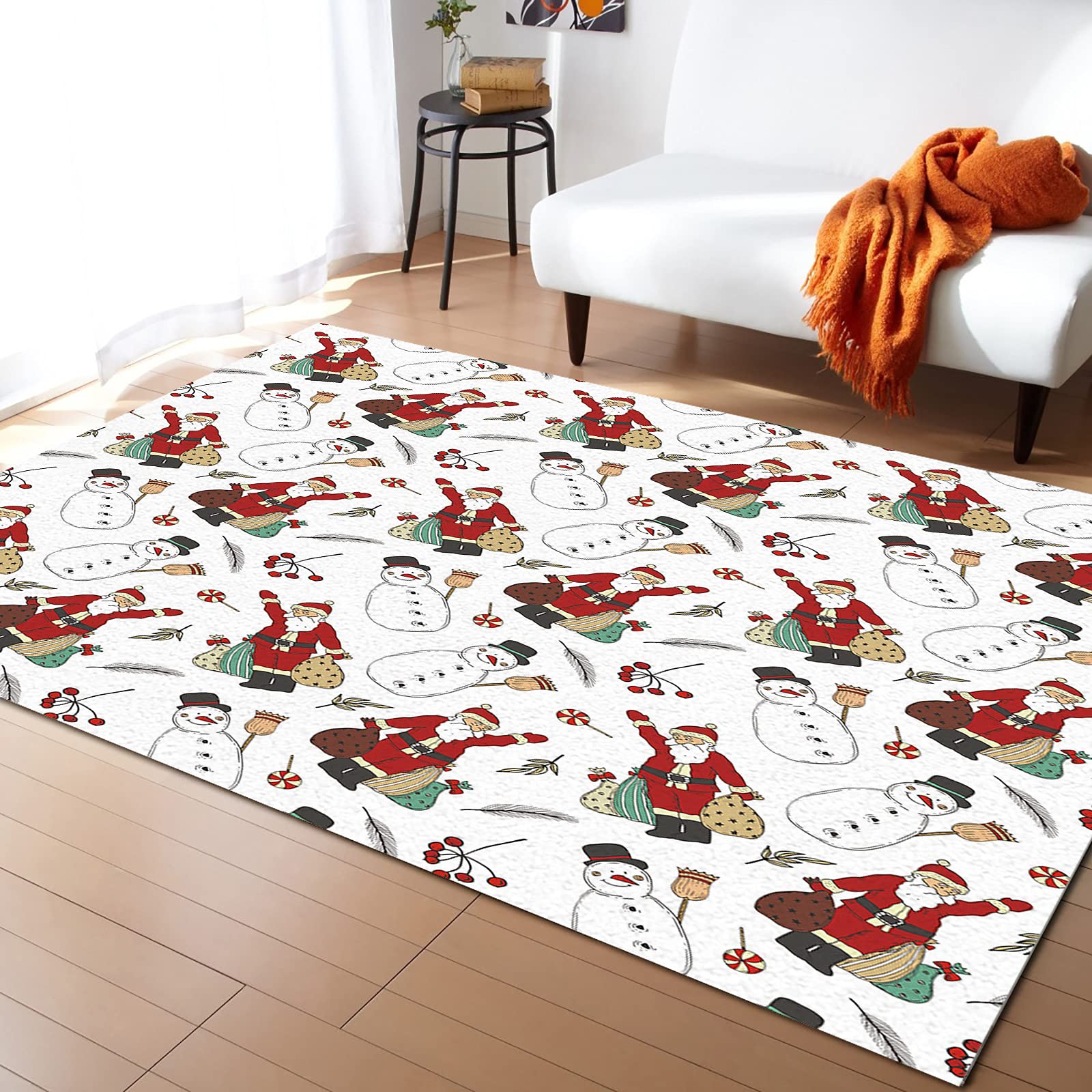 5'x8' Christmas Santa Claus and Snowman Area Rug - Non-Slip Washable Indoor/Outdoor Carpet for Living Room, Bedroom, Nursery, Office, Kitchen & Patio - Perfect for Holiday Decor and Year-Round Coziness