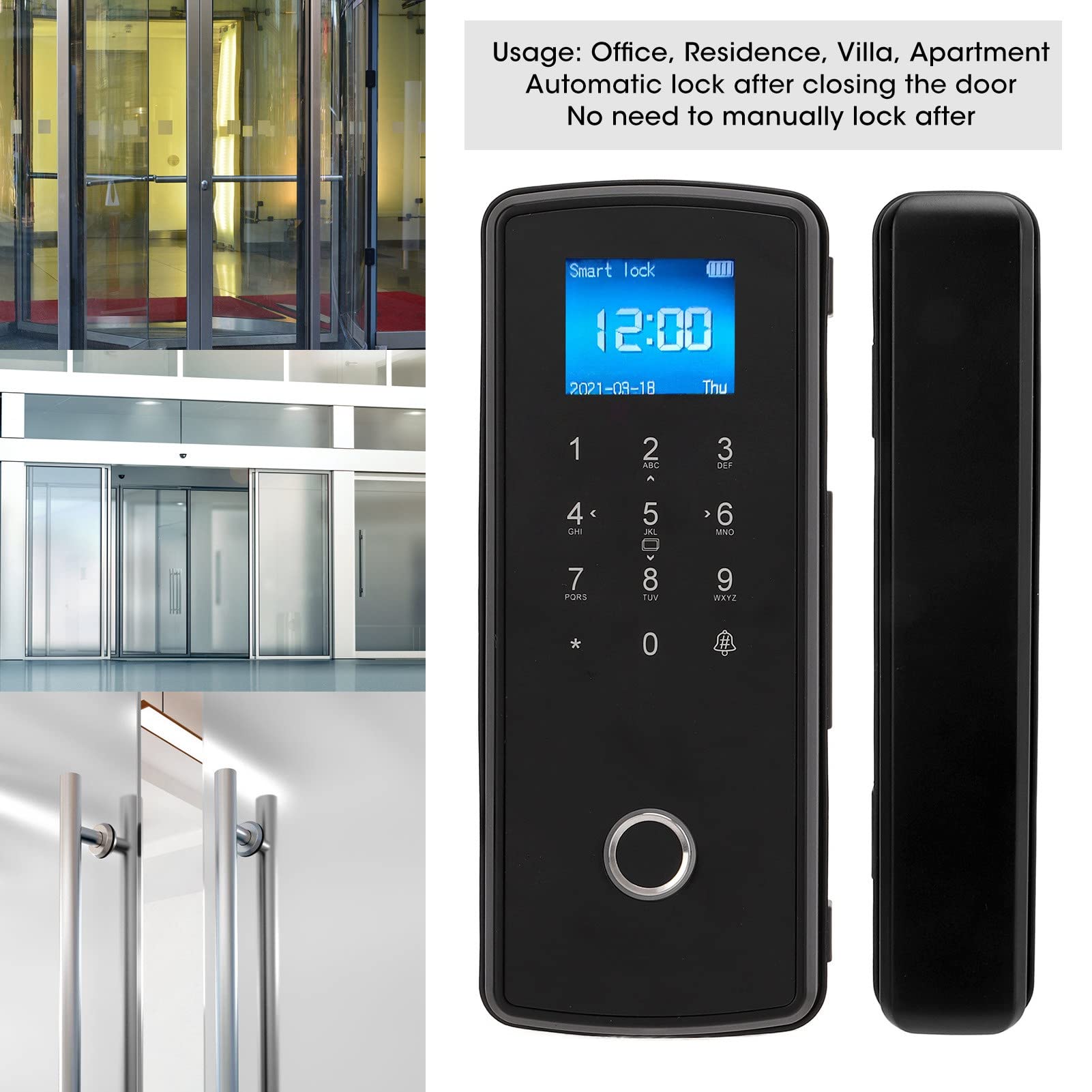 Smart Fingerprint Door Lock with Keypad & Doorbell - 3-in-1 Electronic Entry System (Fingerprint/Password/Card) for Glass Doors - Perfect for Smart Homes, Apartments & Office Security