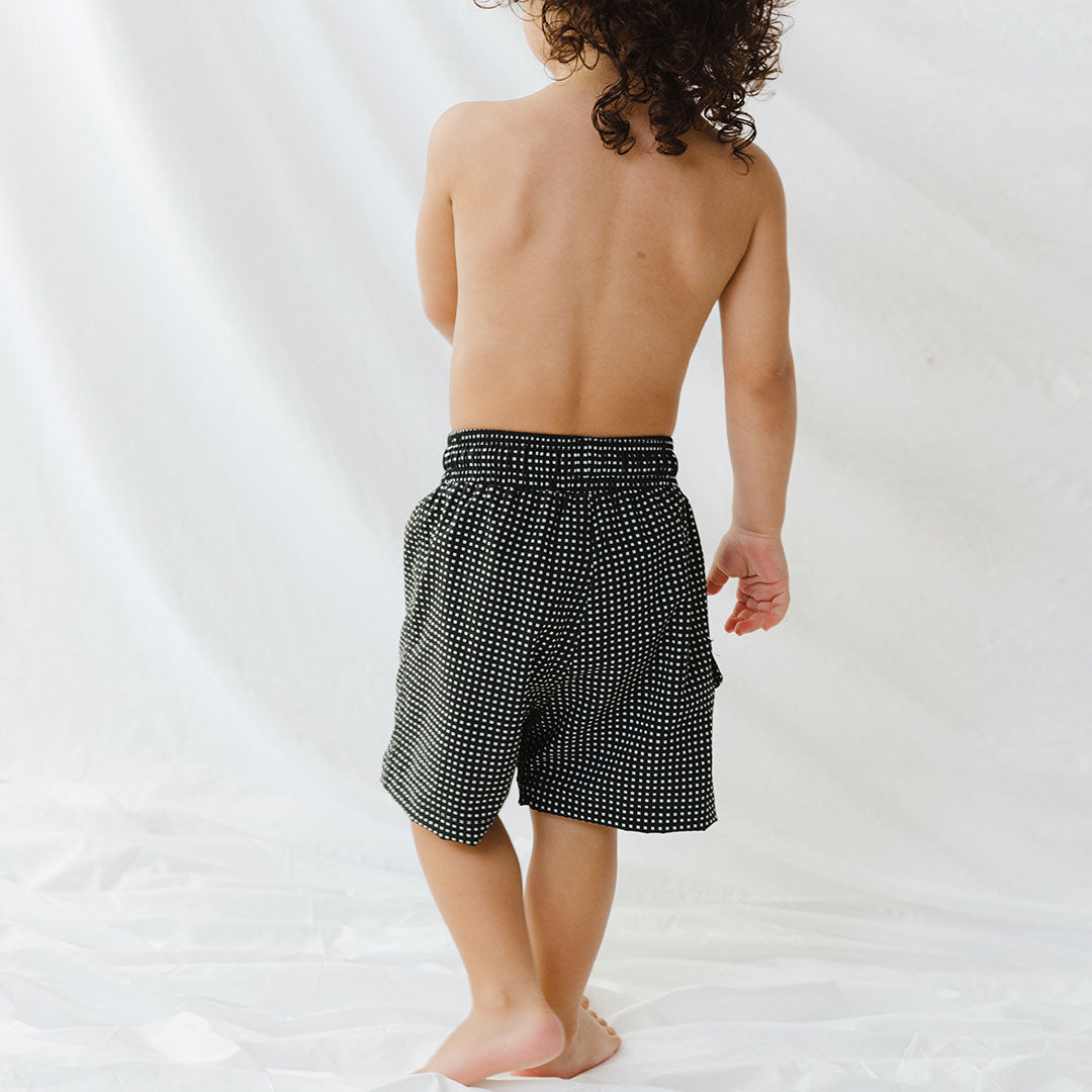 Black Checkers Jr. Swim Trunks for Boys - Quick Dry Swim Shorts with Fun Checkerboard Pattern - Perfect for Pool, Beach & Summer Water Activities
