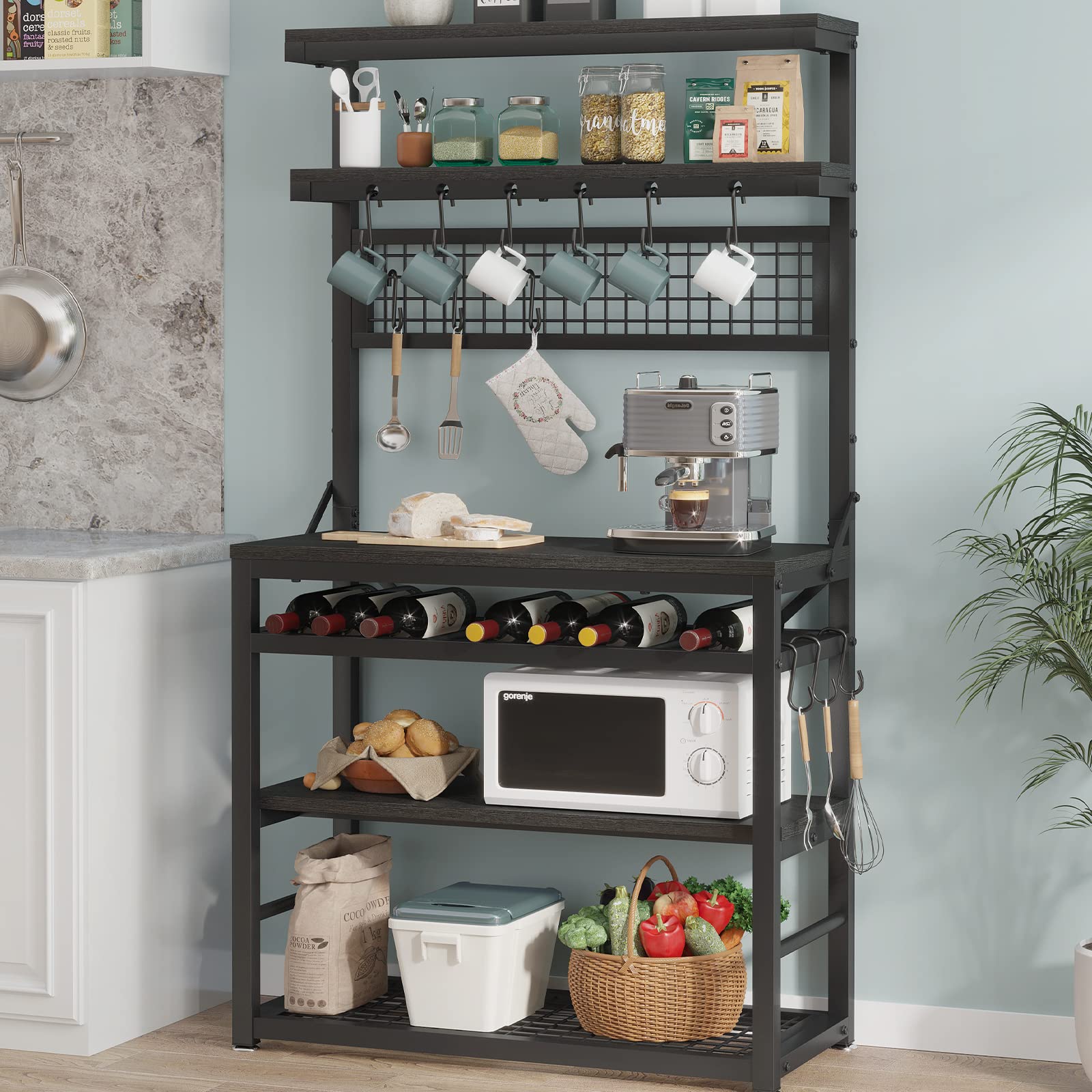 Itaar 6-Tier Metal Baker's Rack with Wine Storage & 12 Hooks - Heavy Duty Kitchen Organizer, Microwave Stand & Coffee Bar Station - Perfect for Small Spaces, Pantry Storage & Home Baking Needs