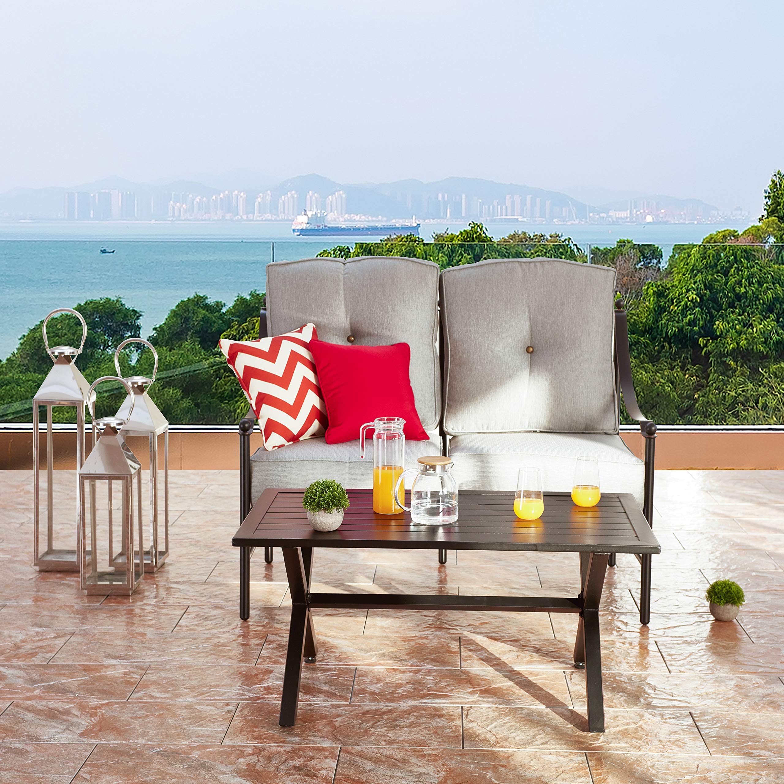 LOKATSE HOME 2-Piece Outdoor Patio Loveseat Set with X-Leg Coffee Table - Water-Resistant Cushioned Conversation Furniture for Garden, Yard, Porch, Poolside (Grey) - Perfect for Relaxing, Entertaining & Outdoor Lounging
