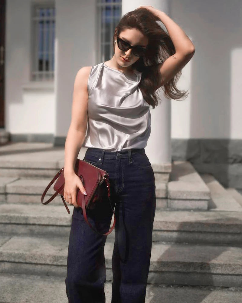Sleeveless Silk Cowl Neck Blouse for Women - Elegant Summer Tops for Casual Wear, Office Outfits & Date Nights