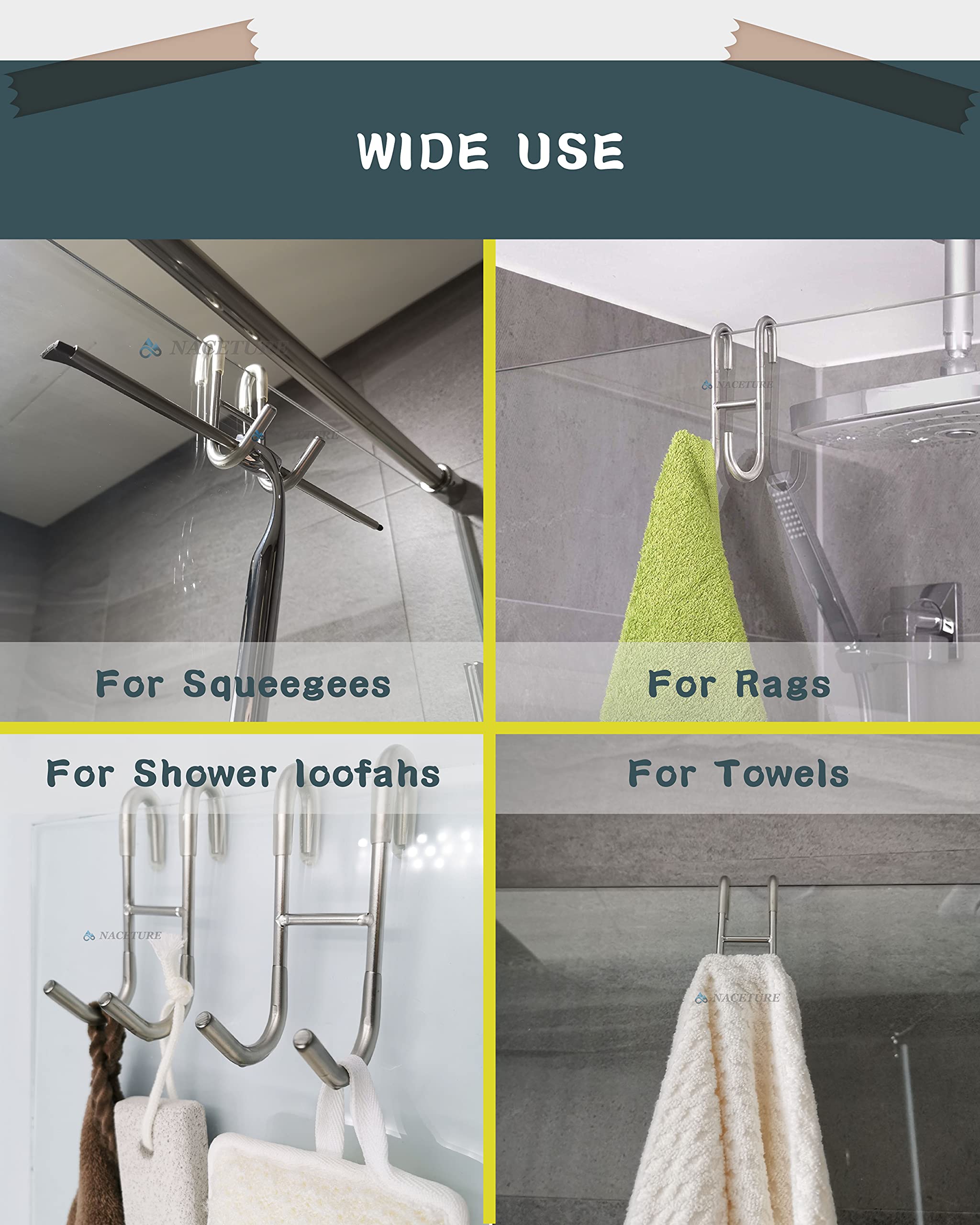 NACETURE 3-Pack Stainless Steel Over Shower Door Hooks - No Drill Towel Hanger for Bathroom, Shower Squeegee Rack & Robe Hook - Perfect for Frameless Glass Doors (Clear) - Organize Your Shower Space with These Durable Hooks for Towels, Robes & Cleaning Tools