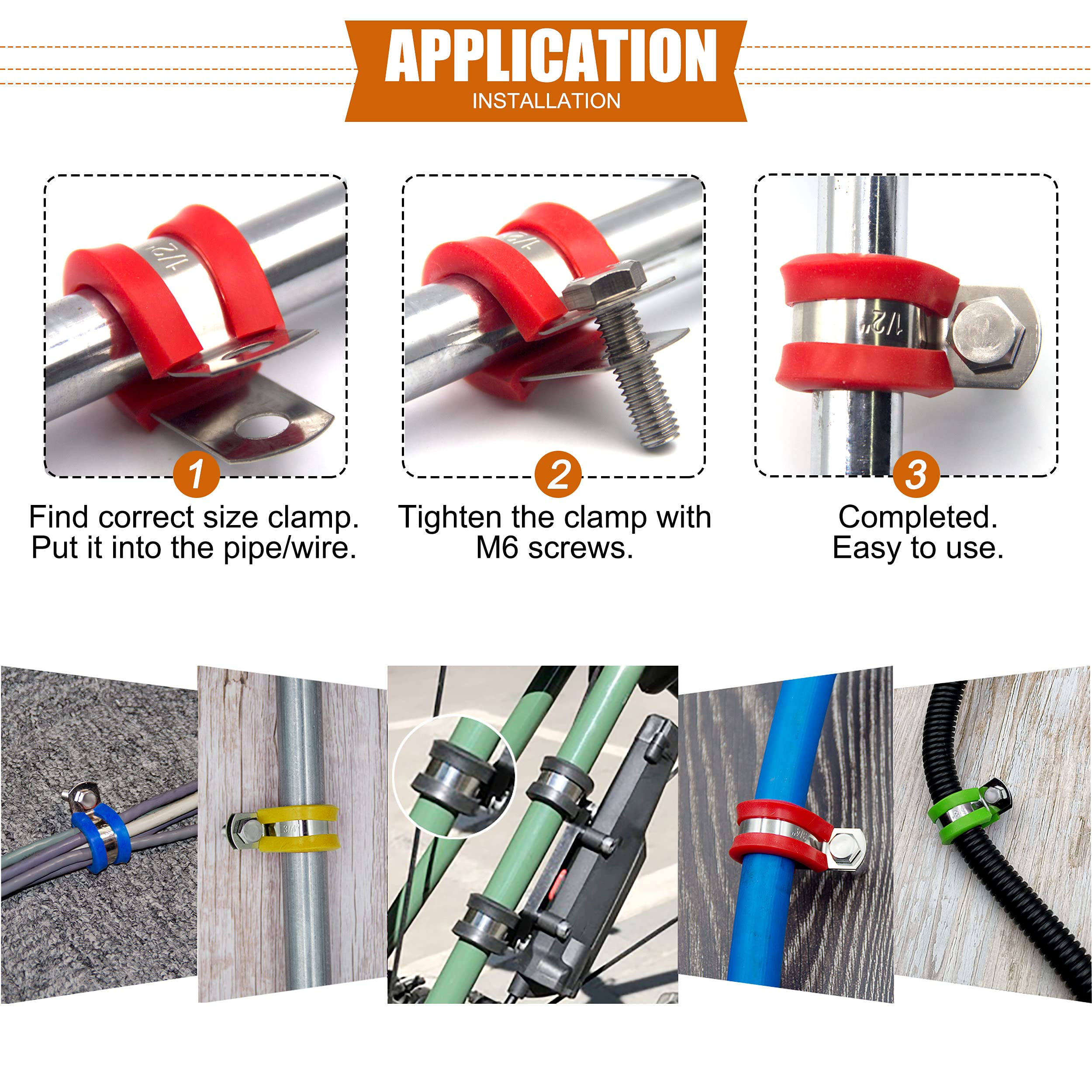 ISPINNER 52pcs Stainless Steel Cable Clamps Kit - 304 Rustproof Pipe Clamps with Rubber Cushion in 6 Sizes (1/4