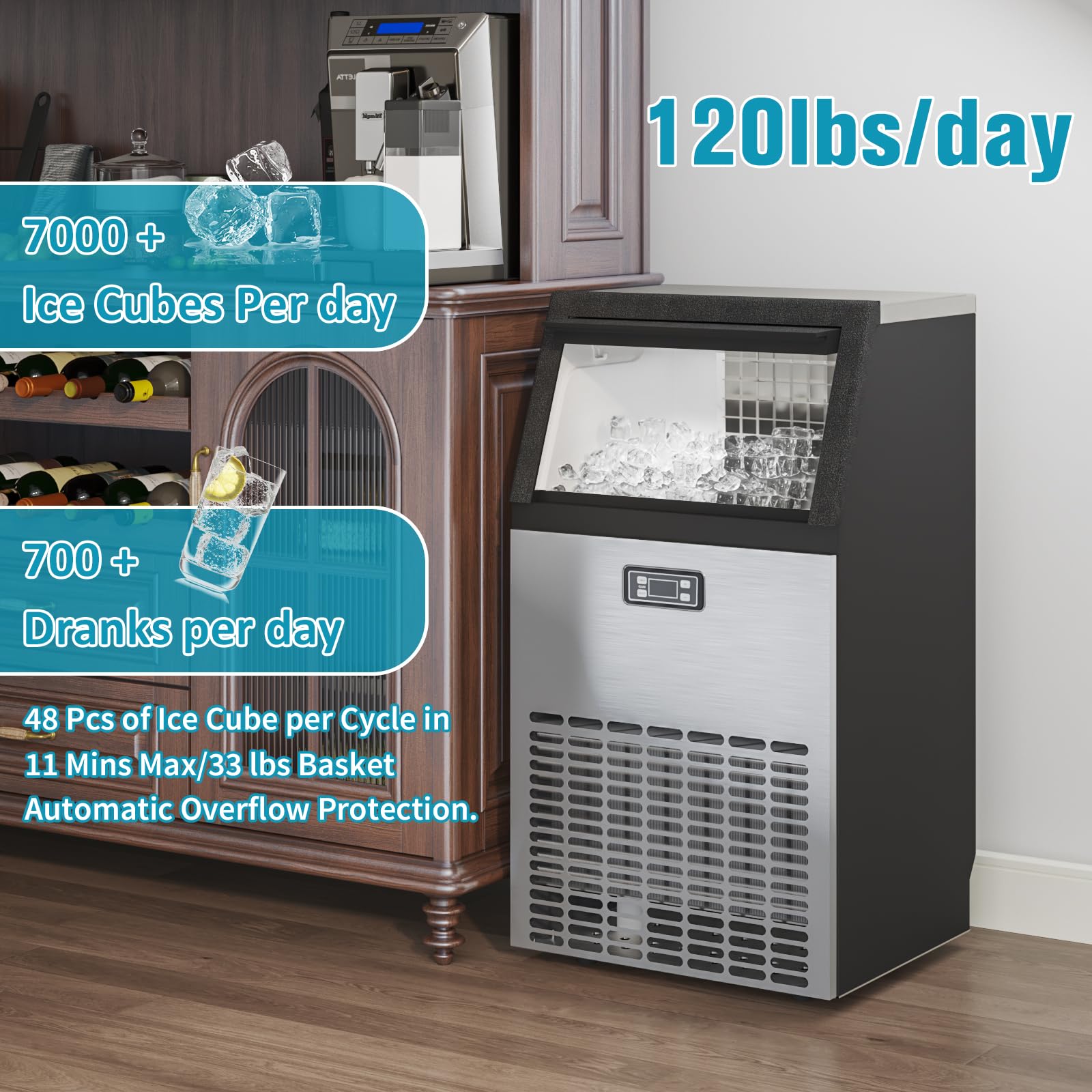120lbs/24H Commercial Ice Maker Machine - Stainless Steel Under Counter Ice Machine with 33lbs Storage, Self-Clean, 48 Cubes/11mins - Perfect for Restaurants, Bars, Cafes, and Home Use