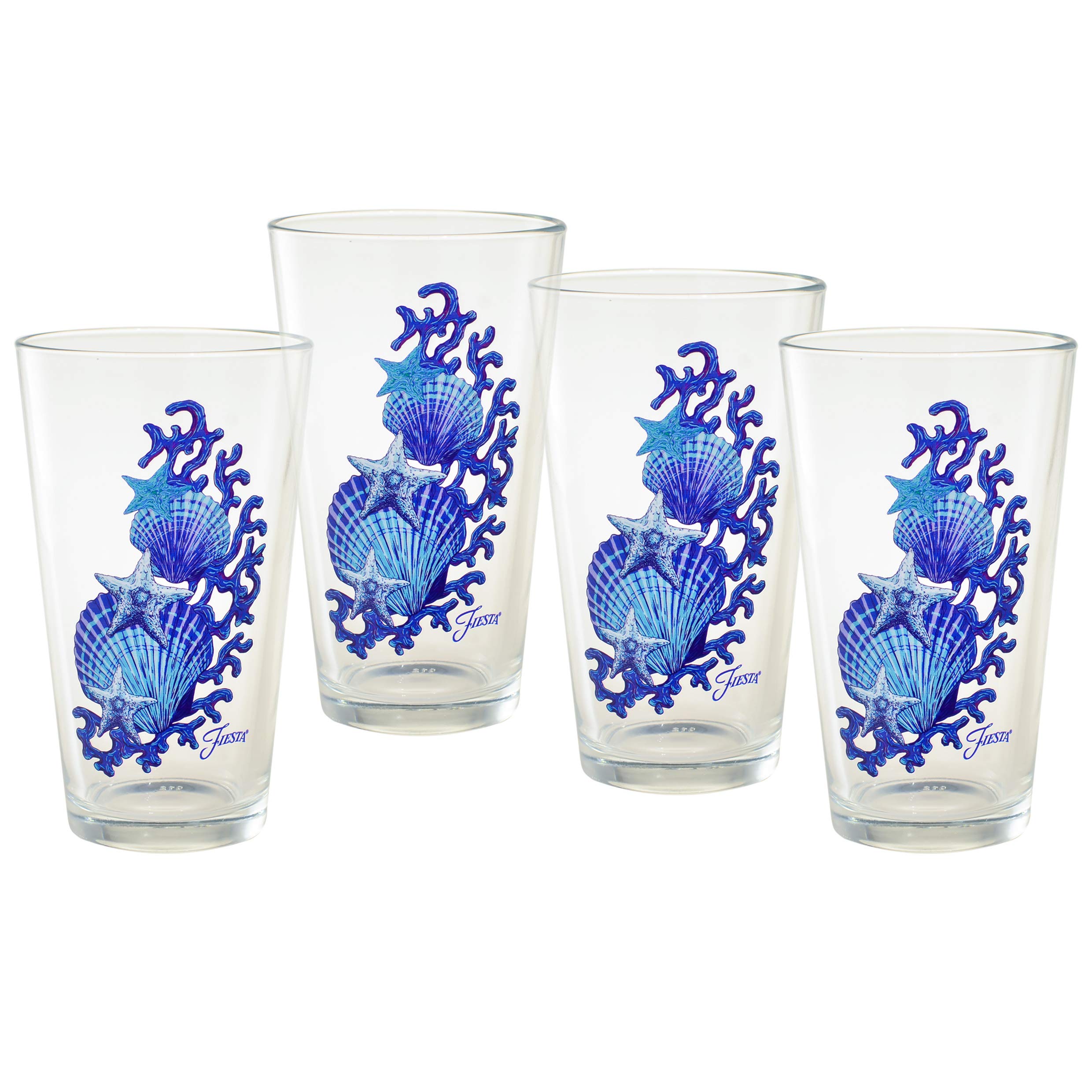 Officially Licensed Fiesta Coastal Shells 16-Ounce Tapered Cooler Glasses (Set of 4) - Clear Drinking Glasses for Cocktails, Iced Tea & Summer Beverages - Perfect for Beach Parties, BBQs & Outdoor Entertaining
