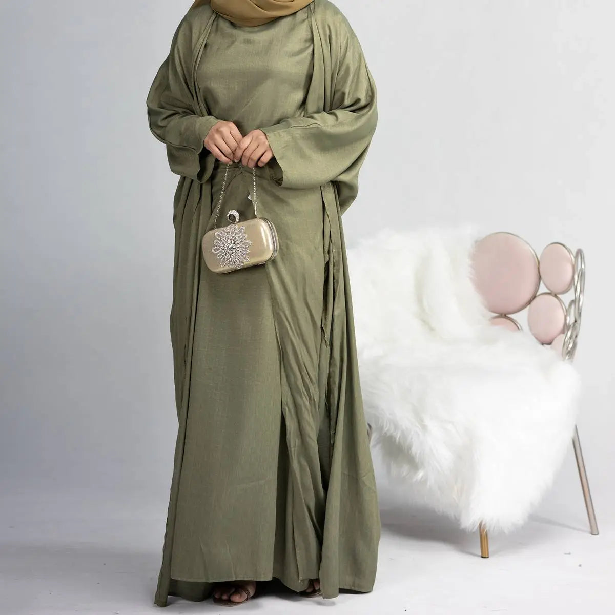 4 Piece Muslim Open Abaya Dress Set with Scarf - Modest Islamic Prayer Outfit for Women, Elegant Loose Flowing Abaya with Mid Wrap & Inner Dress - Perfect for Mosque, Eid, Ramadan & Special Occasions