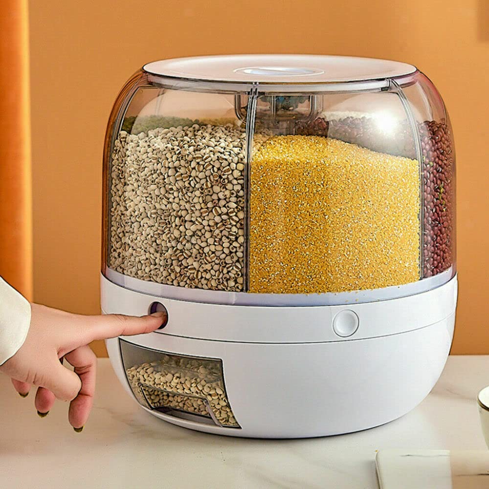 6 Grid Rotating Rice Dispenser - 10kg Grain Storage Container with One-Click Output for Kitchen Organization | Perfect for Pantry, Restaurant & Bulk Food Storage
